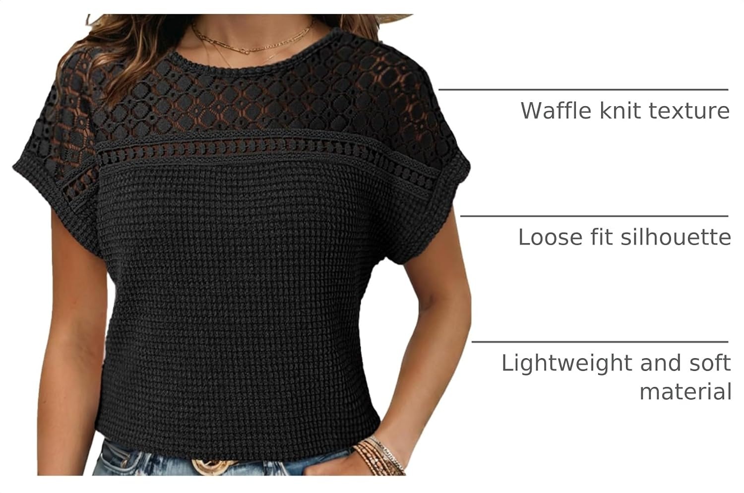 image:imageDokotoo Womens Tops Casual Scoop Neck Short Sleeve Waffle Knit Hollow Out Shirts Loose Tunic Tops BlousesBlack