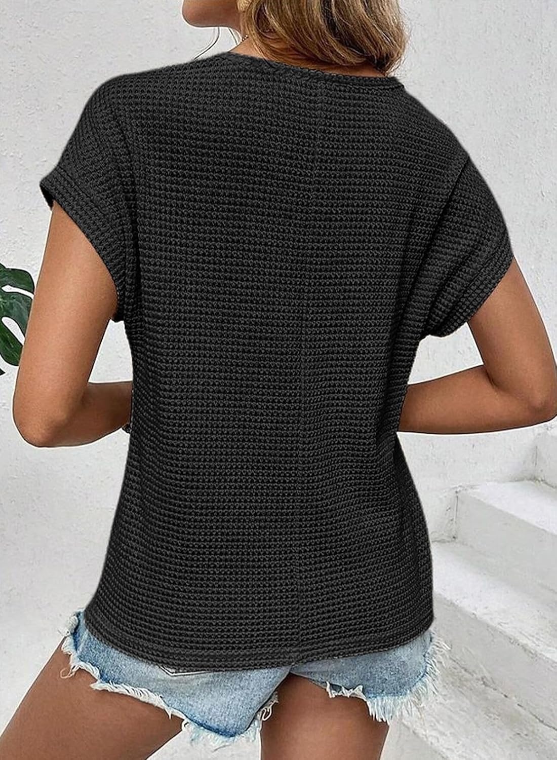 image:imageDokotoo Womens Tops Casual Scoop Neck Short Sleeve Waffle Knit Hollow Out Shirts Loose Tunic Tops BlousesBlack