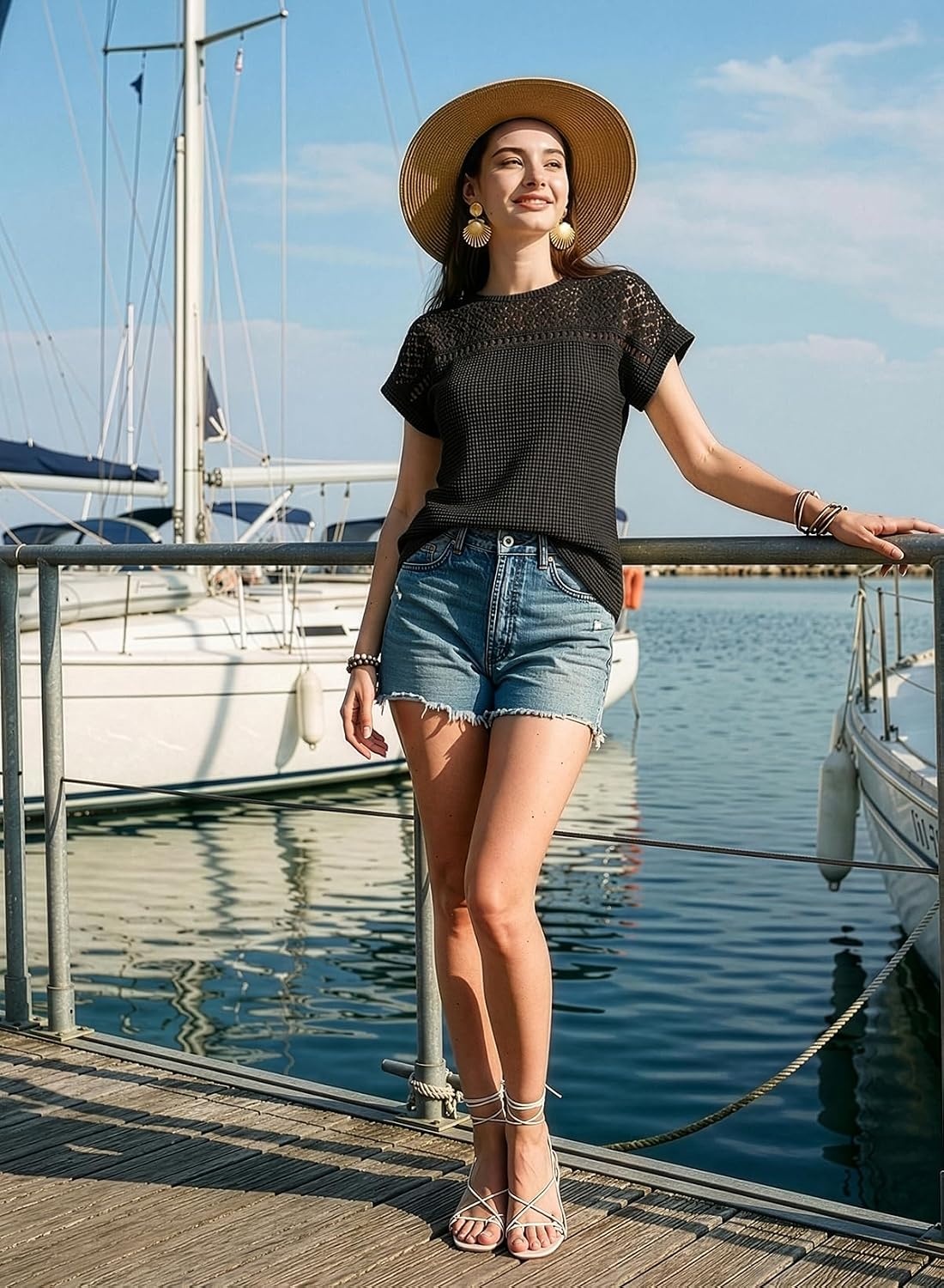 image:imageDokotoo Womens Tops Casual Scoop Neck Short Sleeve Waffle Knit Hollow Out Shirts Loose Tunic Tops BlousesBlack