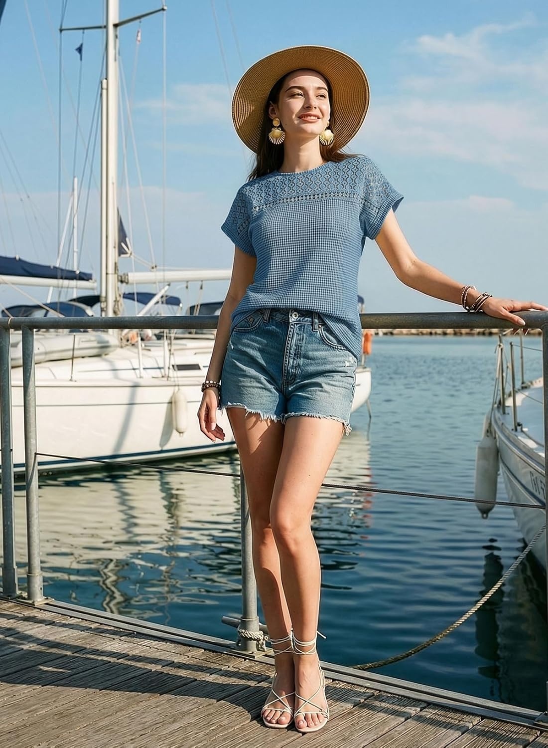 image:imageDokotoo Womens Tops Casual Scoop Neck Short Sleeve Waffle Knit Hollow Out Shirts Loose Tunic Tops BlousesBlue 1