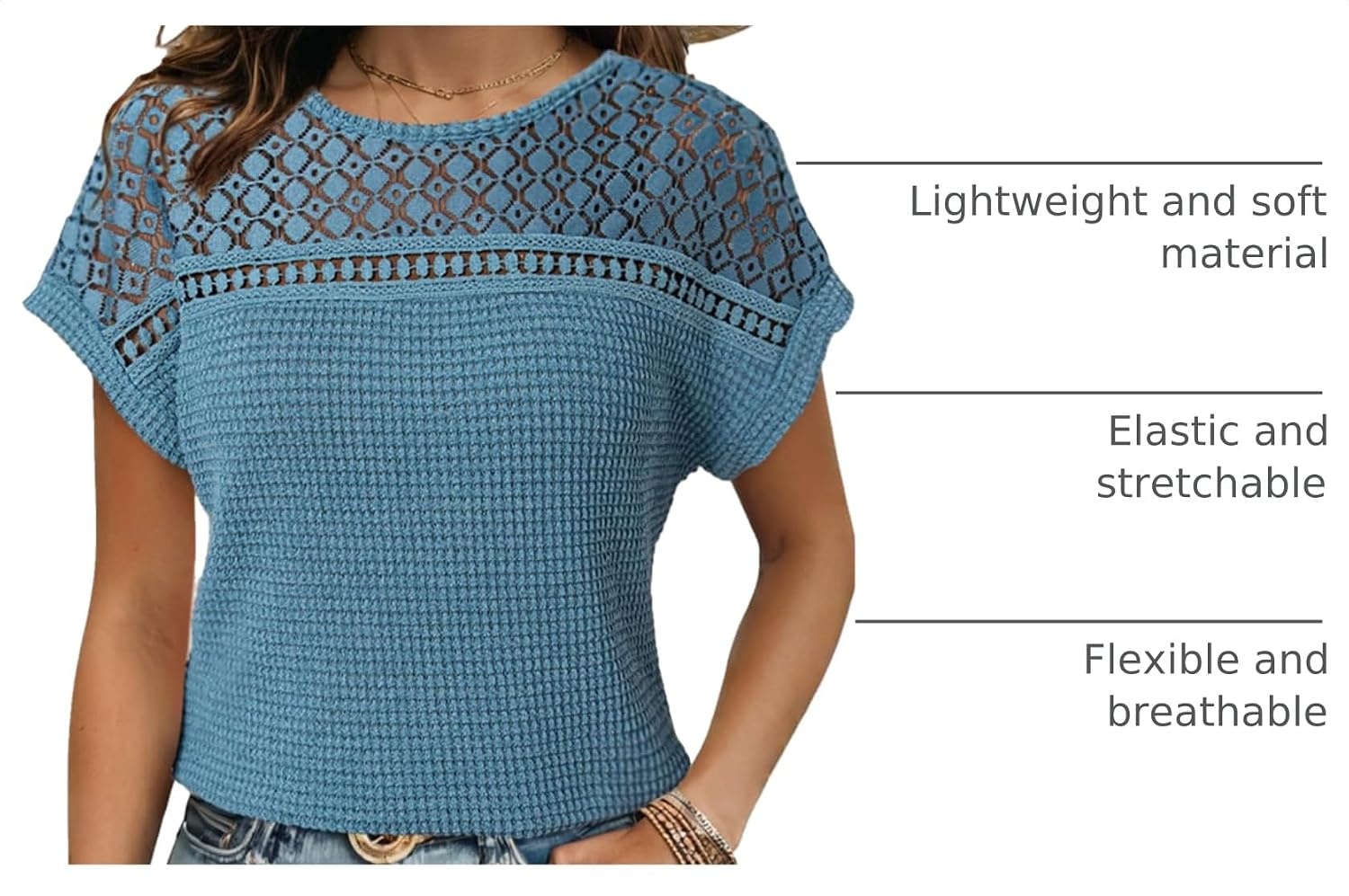 image:imageDokotoo Womens Tops Casual Scoop Neck Short Sleeve Waffle Knit Hollow Out Shirts Loose Tunic Tops BlousesBlue 1