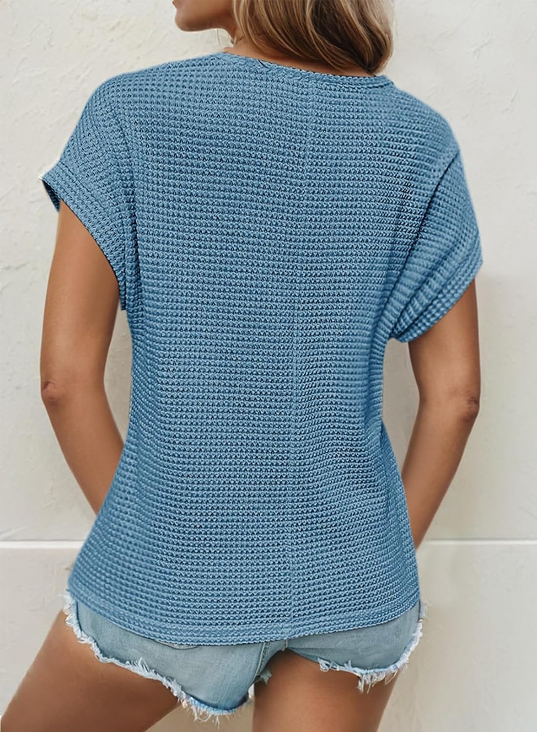 image:imageDokotoo Womens Tops Casual Scoop Neck Short Sleeve Waffle Knit Hollow Out Shirts Loose Tunic Tops BlousesBlue 1