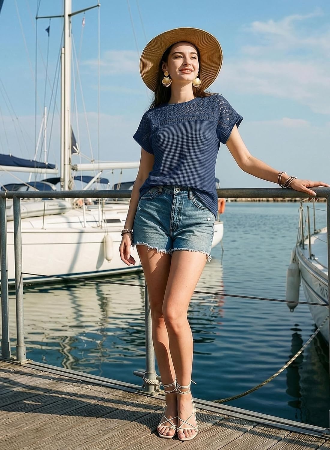 image:imageDokotoo Womens Tops Casual Scoop Neck Short Sleeve Waffle Knit Hollow Out Shirts Loose Tunic Tops BlousesBlue