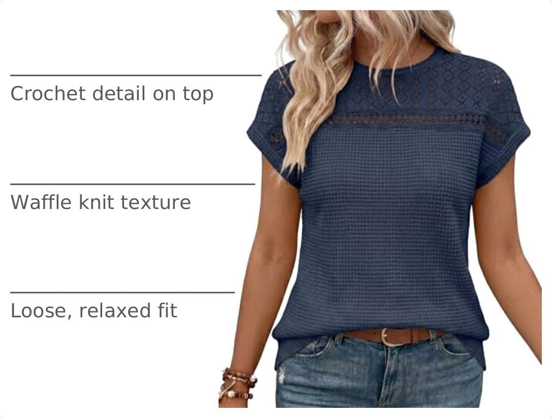 image:imageDokotoo Womens Tops Casual Scoop Neck Short Sleeve Waffle Knit Hollow Out Shirts Loose Tunic Tops BlousesBlue