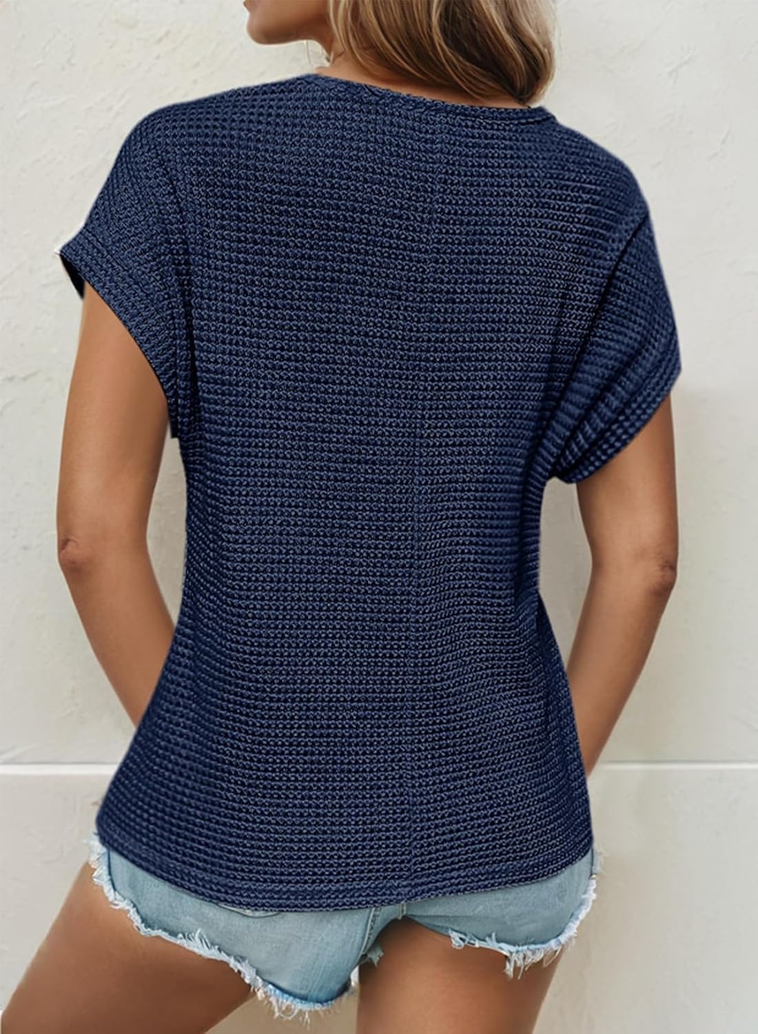 image:imageDokotoo Womens Tops Casual Scoop Neck Short Sleeve Waffle Knit Hollow Out Shirts Loose Tunic Tops BlousesBlue