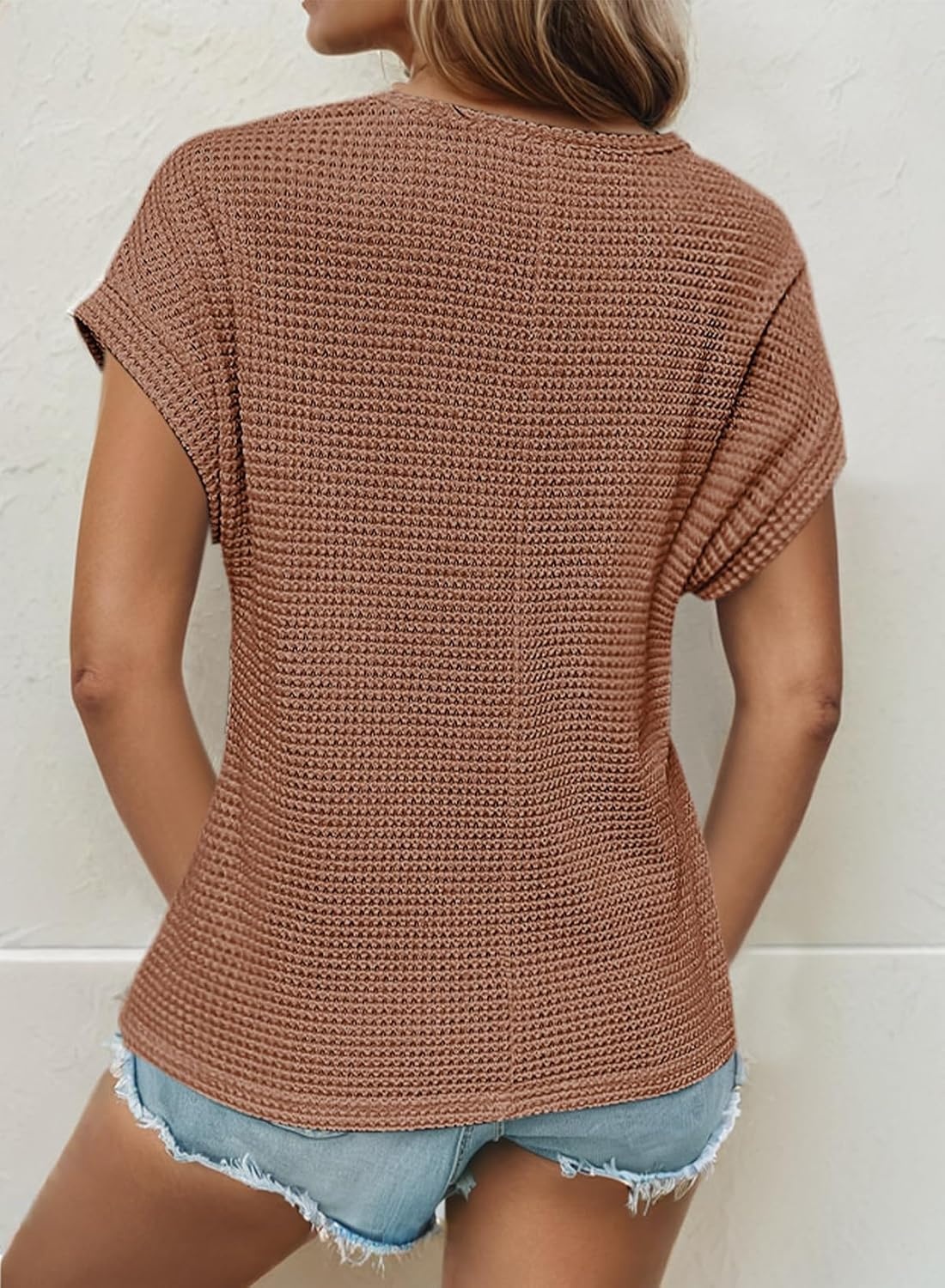 image:imageDokotoo Womens Tops Casual Scoop Neck Short Sleeve Waffle Knit Hollow Out Shirts Loose Tunic Tops BlousesChestnut