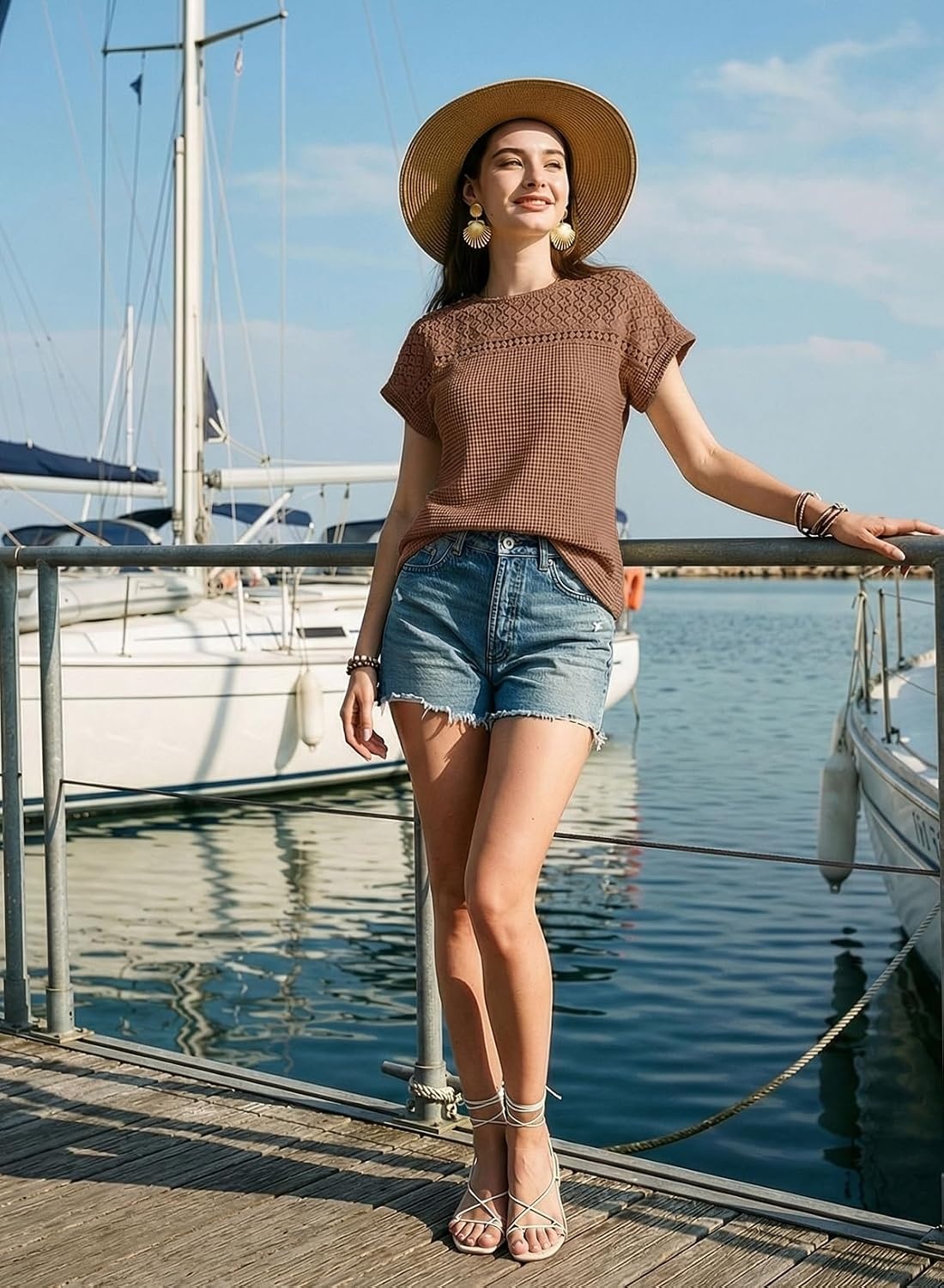 image:imageDokotoo Womens Tops Casual Scoop Neck Short Sleeve Waffle Knit Hollow Out Shirts Loose Tunic Tops BlousesChestnut