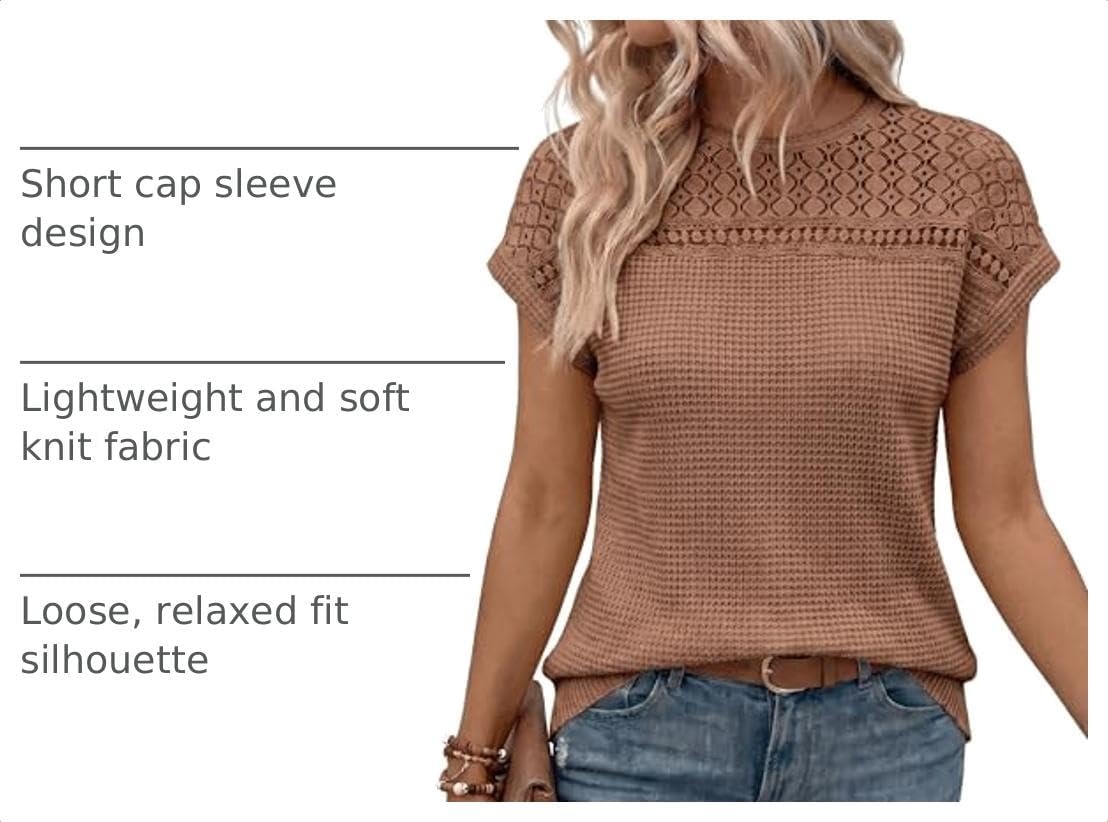 image:imageDokotoo Womens Tops Casual Scoop Neck Short Sleeve Waffle Knit Hollow Out Shirts Loose Tunic Tops BlousesChestnut