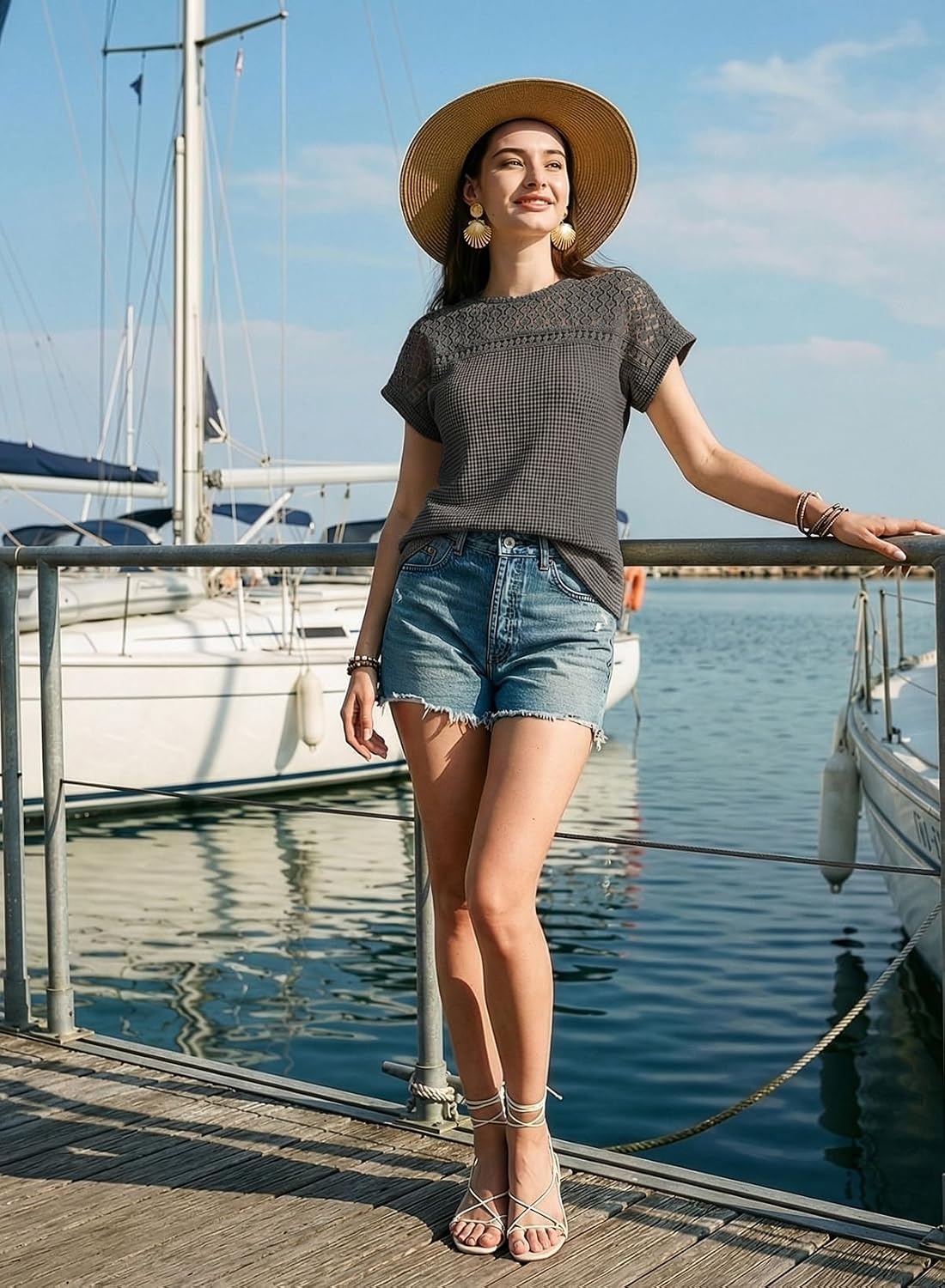 image:imageDokotoo Womens Tops Casual Scoop Neck Short Sleeve Waffle Knit Hollow Out Shirts Loose Tunic Tops BlousesDark Grey