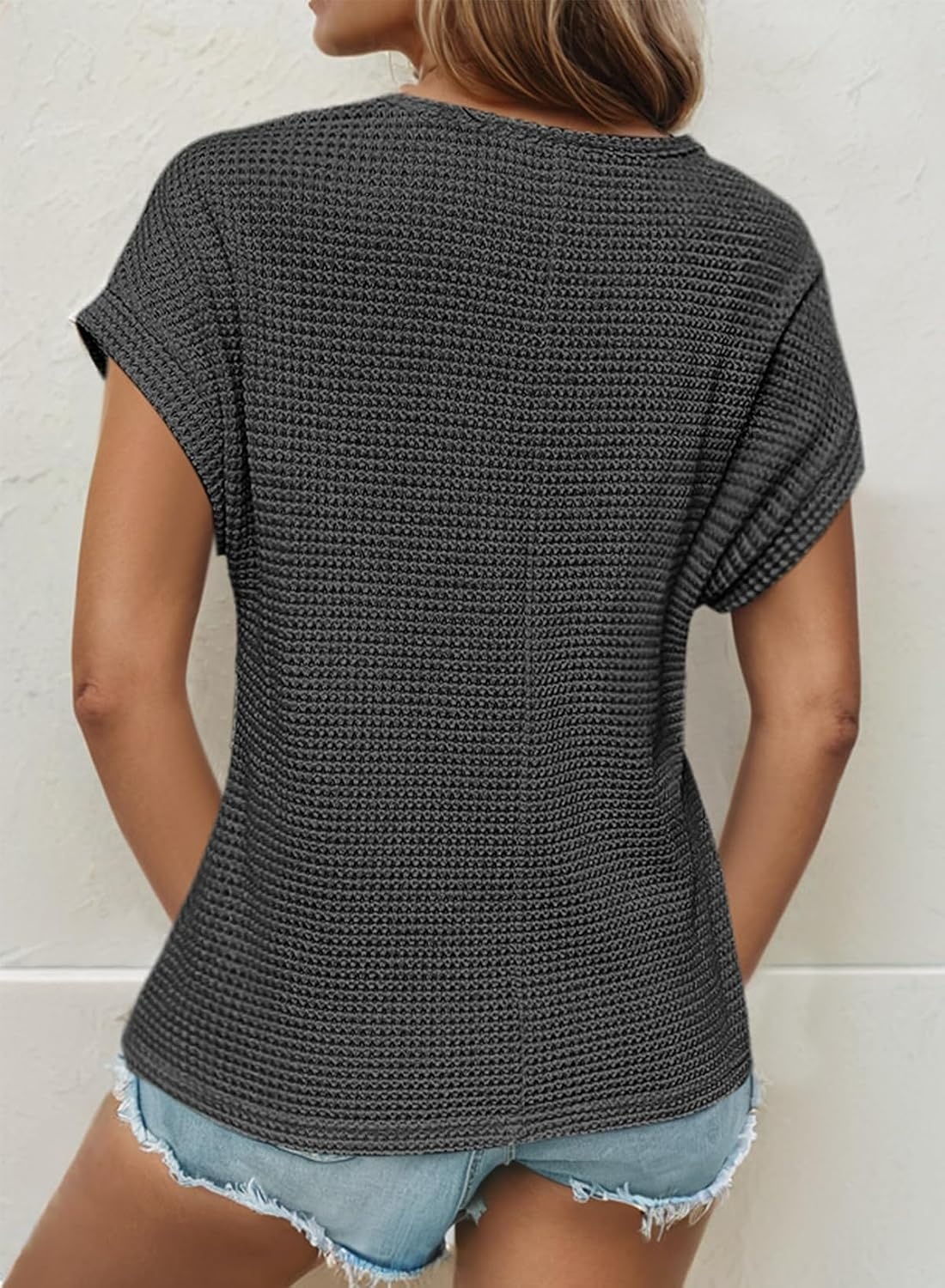 image:imageDokotoo Womens Tops Casual Scoop Neck Short Sleeve Waffle Knit Hollow Out Shirts Loose Tunic Tops BlousesDark Grey