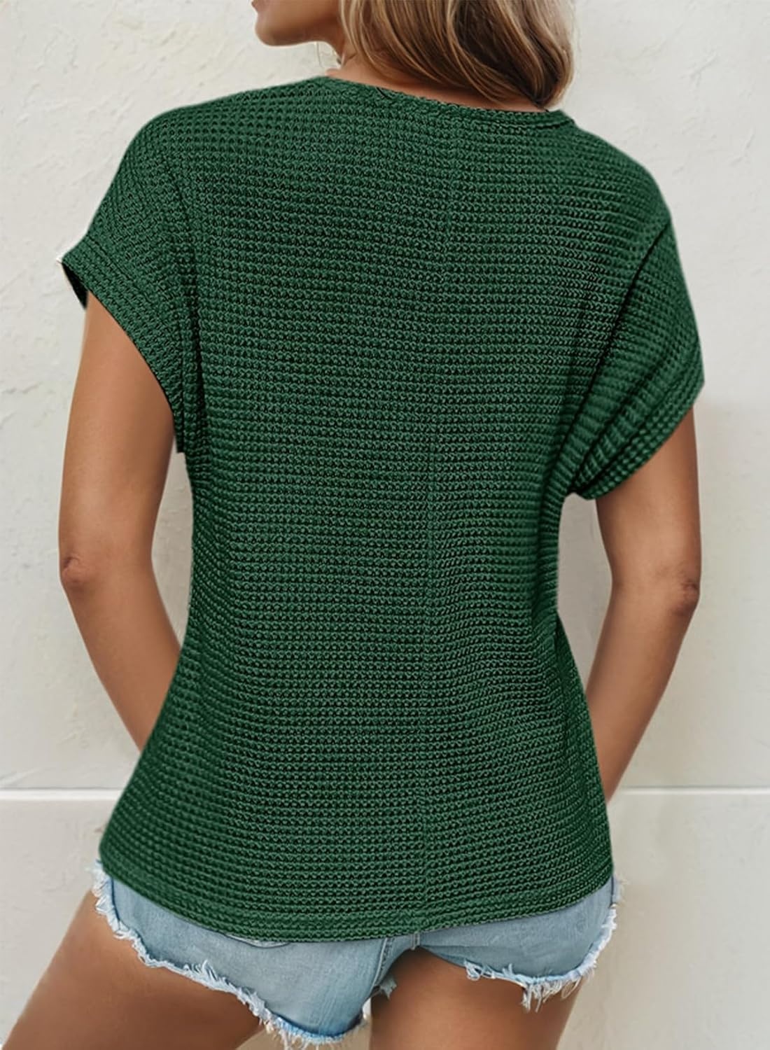 image:imageDokotoo Womens Tops Casual Scoop Neck Short Sleeve Waffle Knit Hollow Out Shirts Loose Tunic Tops BlousesEvergreen