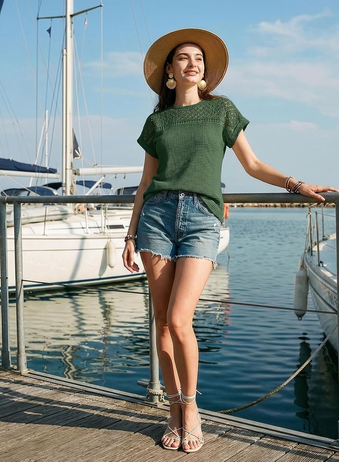 image:imageDokotoo Womens Tops Casual Scoop Neck Short Sleeve Waffle Knit Hollow Out Shirts Loose Tunic Tops BlousesEvergreen