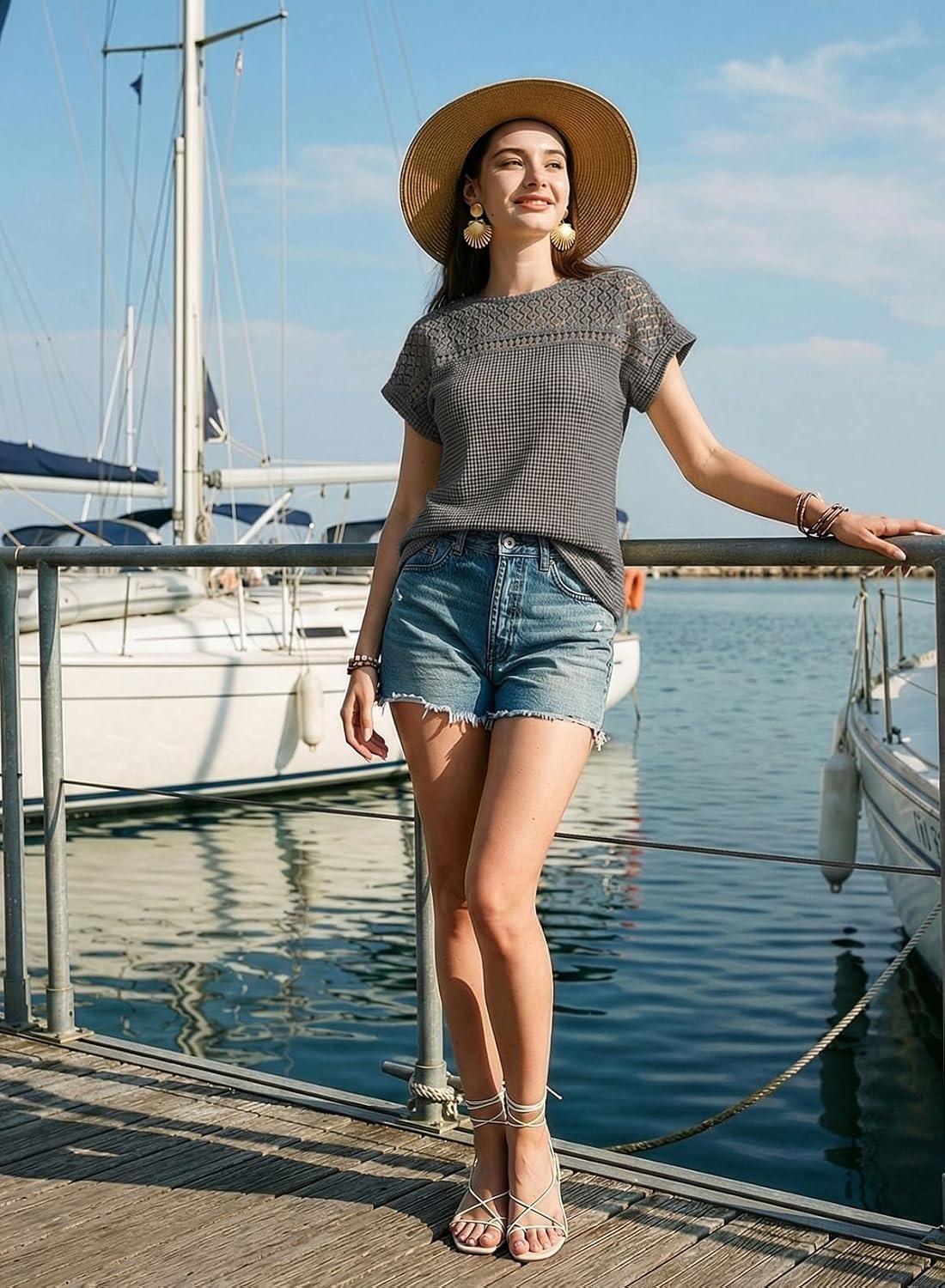 image:imageDokotoo Womens Tops Casual Scoop Neck Short Sleeve Waffle Knit Hollow Out Shirts Loose Tunic Tops BlousesHighrise