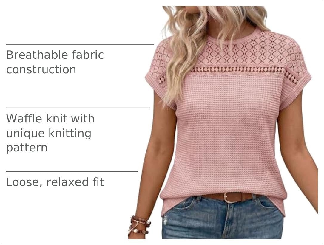 image:imageDokotoo Womens Tops Casual Scoop Neck Short Sleeve Waffle Knit Hollow Out Shirts Loose Tunic Tops BlousesLight Pink