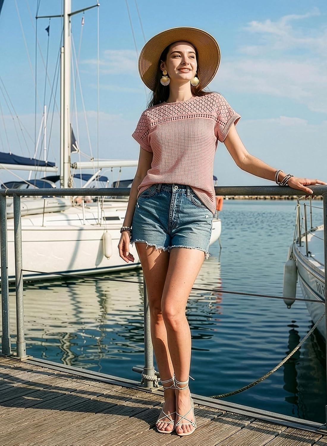 image:imageDokotoo Womens Tops Casual Scoop Neck Short Sleeve Waffle Knit Hollow Out Shirts Loose Tunic Tops BlousesLight Pink