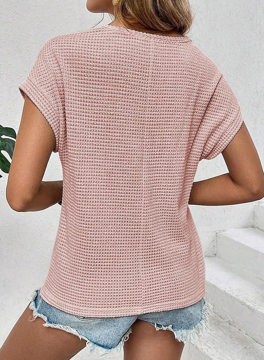 image:imageDokotoo Womens Tops Casual Scoop Neck Short Sleeve Waffle Knit Hollow Out Shirts Loose Tunic Tops BlousesLight Pink