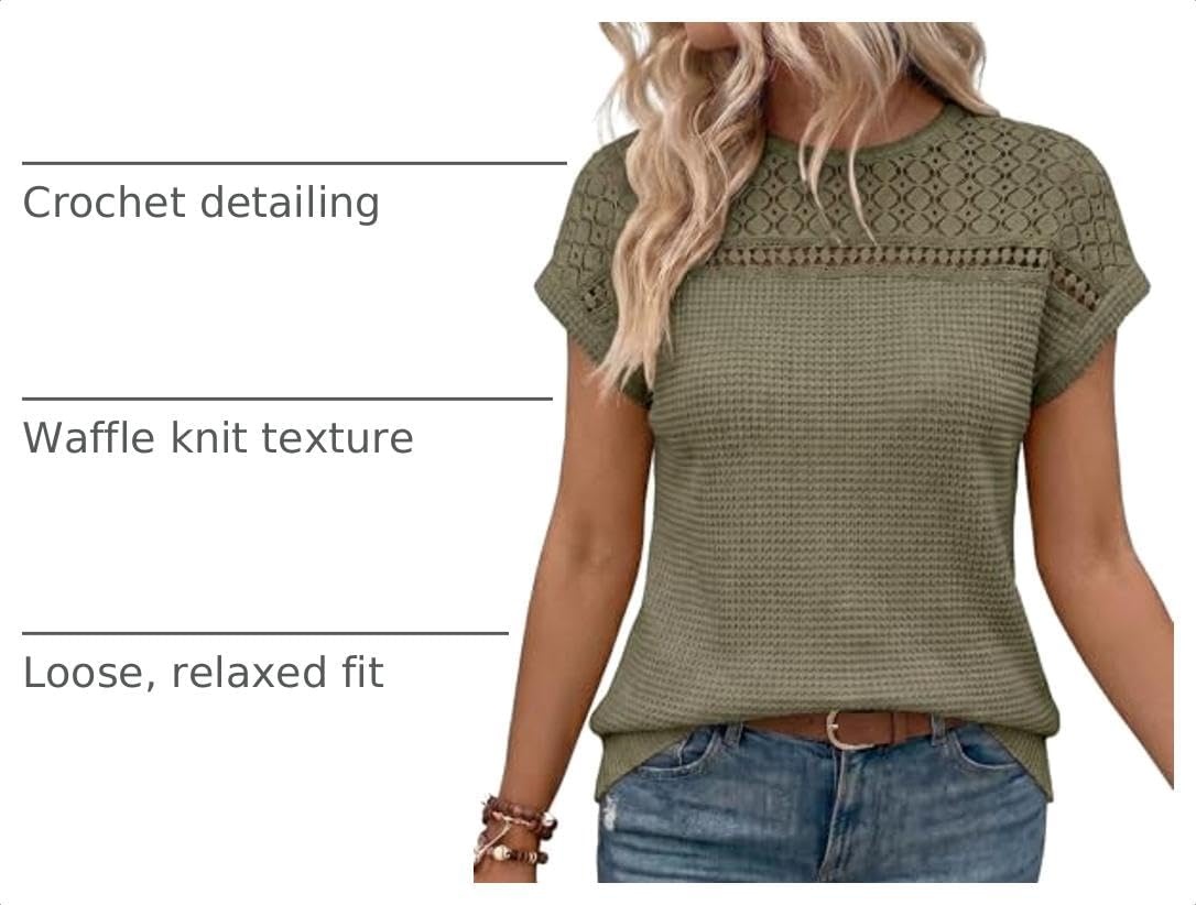 image:imageDokotoo Womens Tops Casual Scoop Neck Short Sleeve Waffle Knit Hollow Out Shirts Loose Tunic Tops BlousesMoss Green