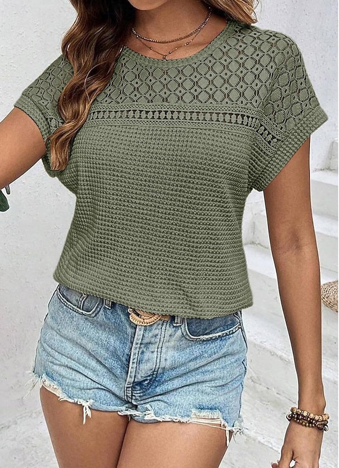 image:imageDokotoo Womens Tops Casual Scoop Neck Short Sleeve Waffle Knit Hollow Out Shirts Loose Tunic Tops BlousesMoss Green