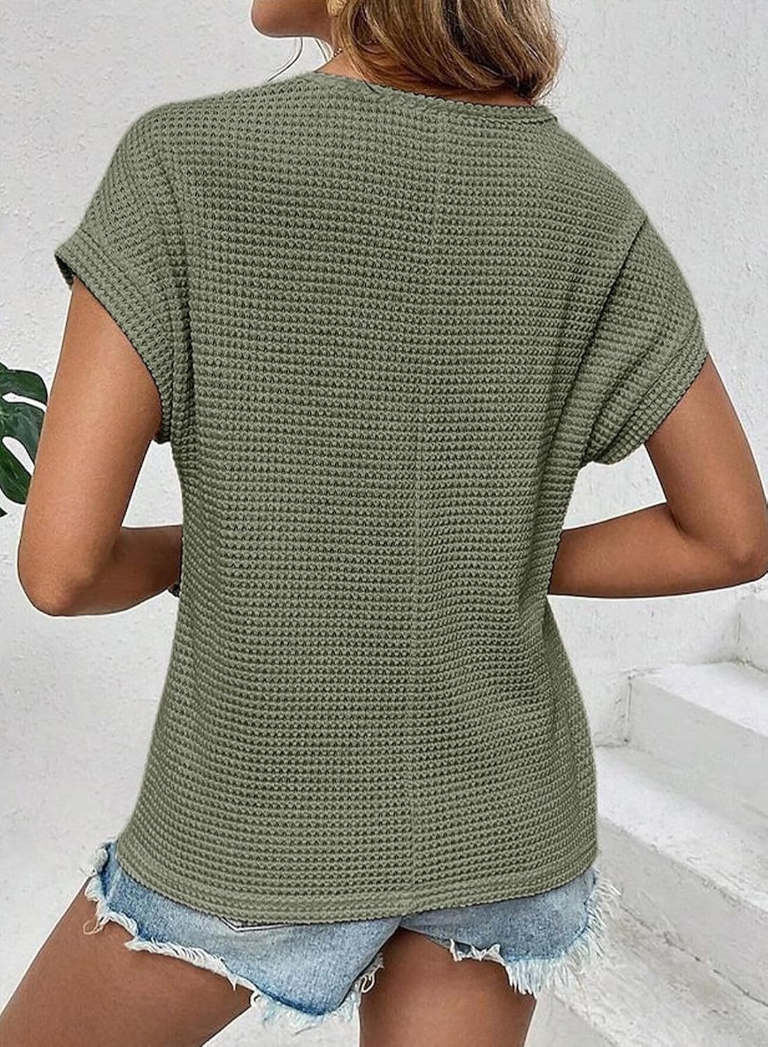 image:imageDokotoo Womens Tops Casual Scoop Neck Short Sleeve Waffle Knit Hollow Out Shirts Loose Tunic Tops BlousesMoss Green