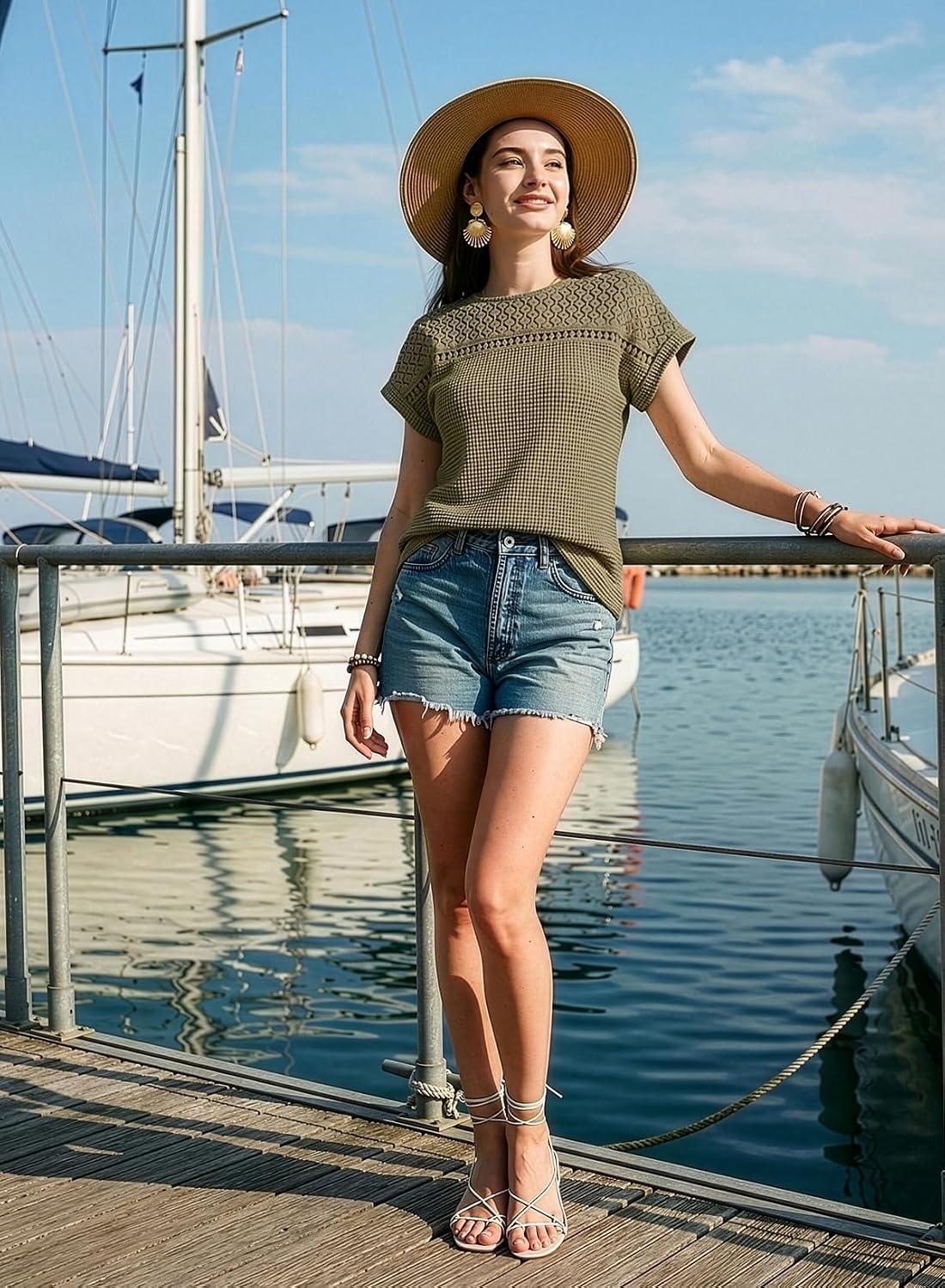 image:imageDokotoo Womens Tops Casual Scoop Neck Short Sleeve Waffle Knit Hollow Out Shirts Loose Tunic Tops BlousesMoss Green