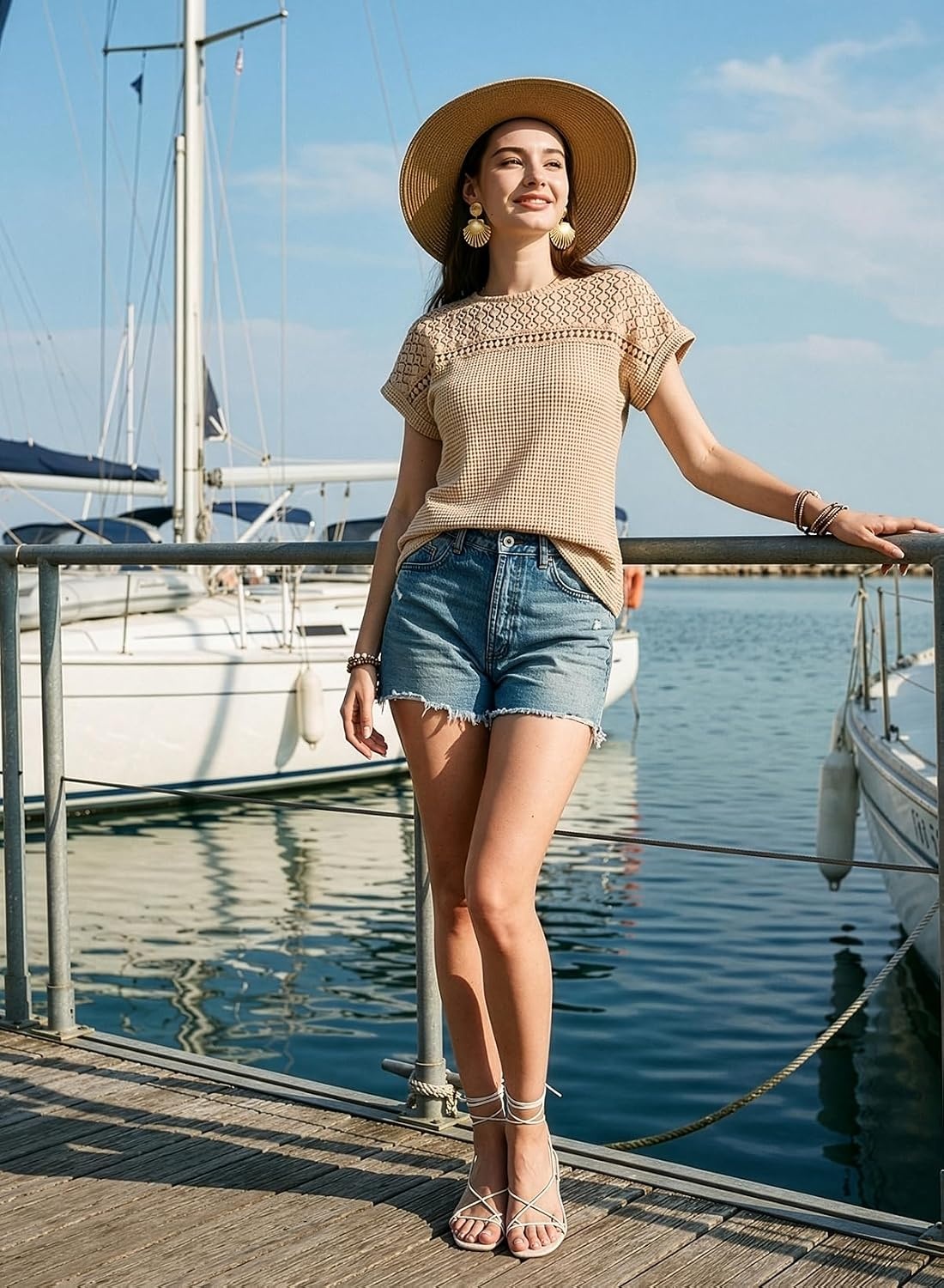 image:imageDokotoo Womens Tops Casual Scoop Neck Short Sleeve Waffle Knit Hollow Out Shirts Loose Tunic Tops BlousesOatmeal