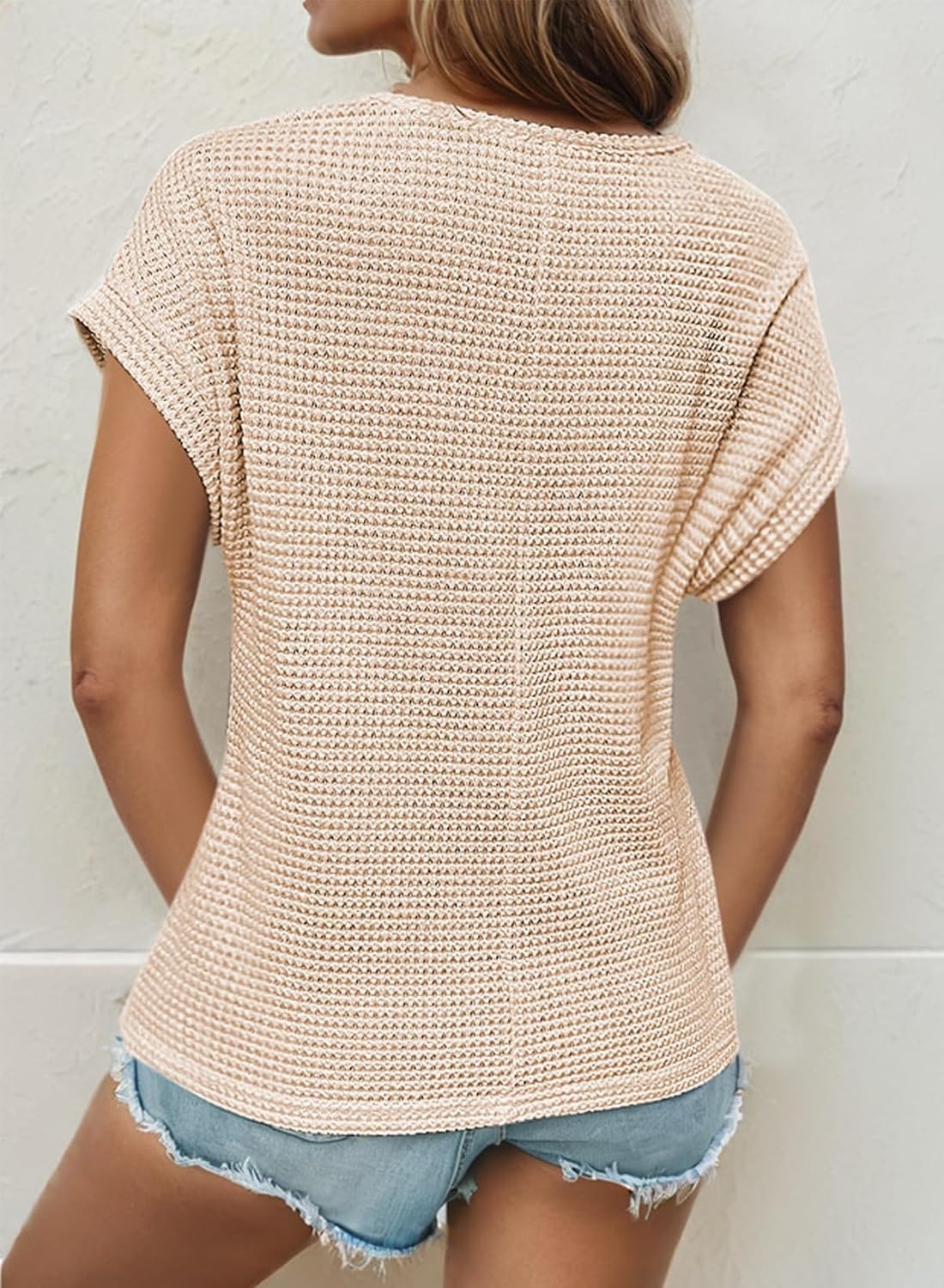 image:imageDokotoo Womens Tops Casual Scoop Neck Short Sleeve Waffle Knit Hollow Out Shirts Loose Tunic Tops BlousesOatmeal