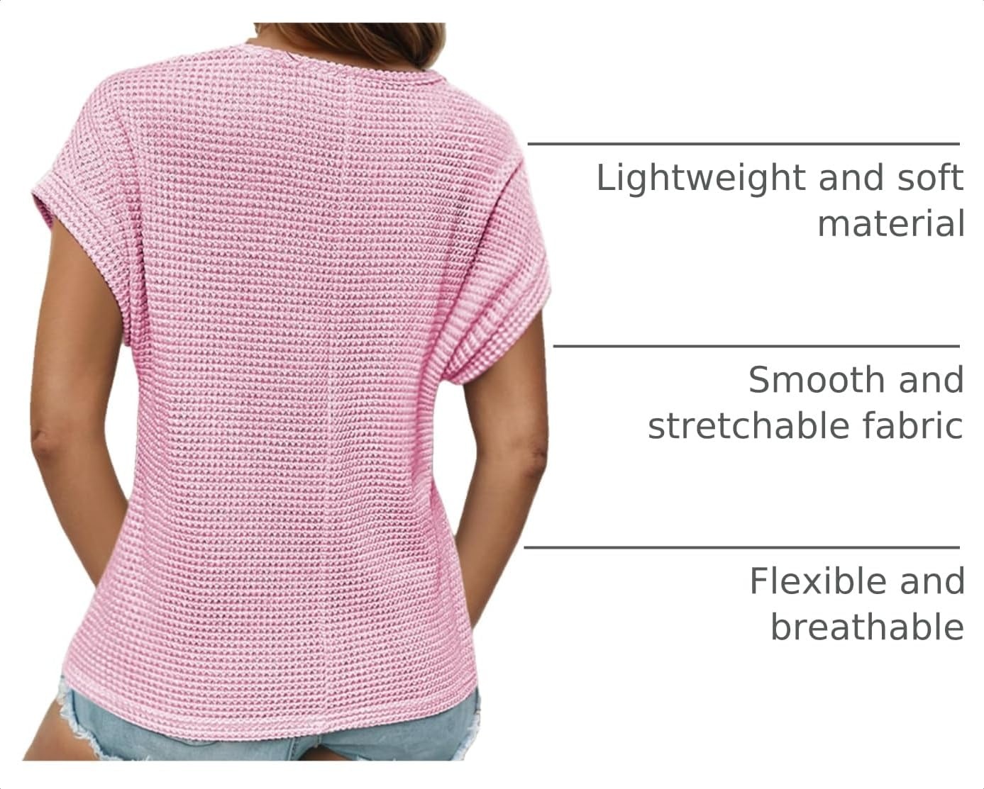 image:imageDokotoo Womens Tops Casual Scoop Neck Short Sleeve Waffle Knit Hollow Out Shirts Loose Tunic Tops BlousesPink