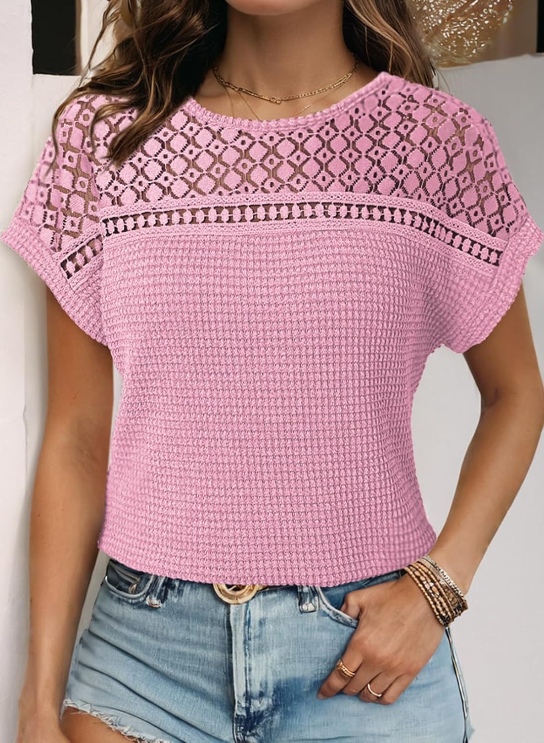image:imageDokotoo Womens Tops Casual Scoop Neck Short Sleeve Waffle Knit Hollow Out Shirts Loose Tunic Tops BlousesPink