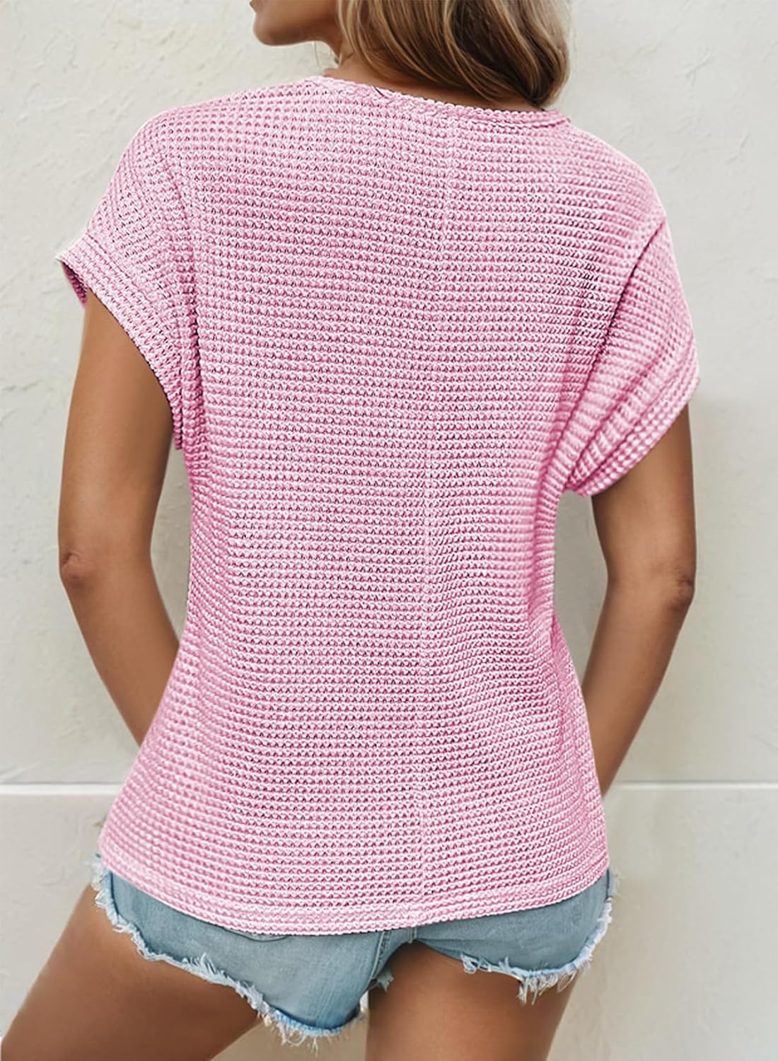 image:imageDokotoo Womens Tops Casual Scoop Neck Short Sleeve Waffle Knit Hollow Out Shirts Loose Tunic Tops BlousesPink