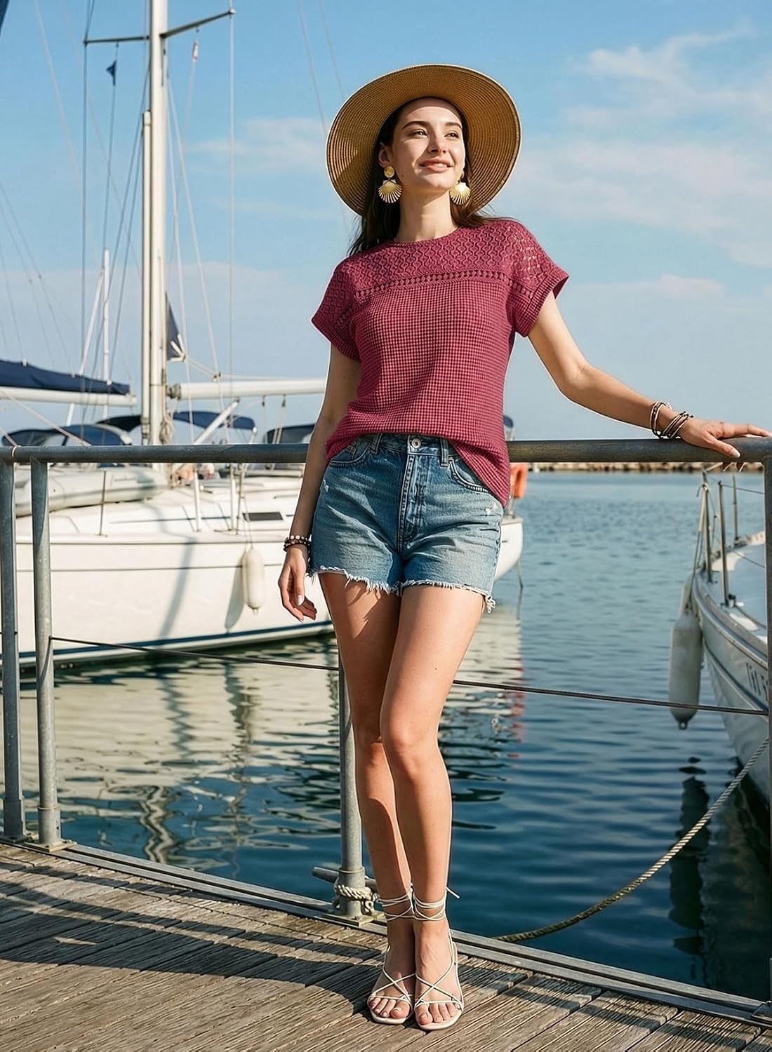 image:imageDokotoo Womens Tops Casual Scoop Neck Short Sleeve Waffle Knit Hollow Out Shirts Loose Tunic Tops BlousesPitaya Pink