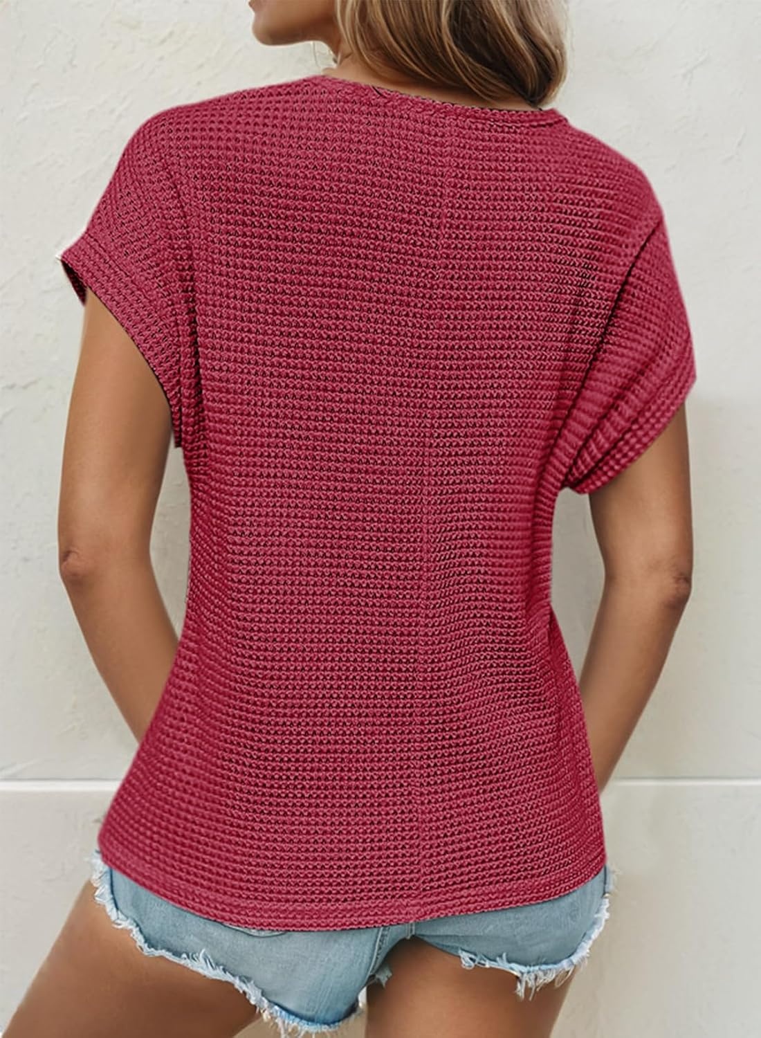 image:imageDokotoo Womens Tops Casual Scoop Neck Short Sleeve Waffle Knit Hollow Out Shirts Loose Tunic Tops BlousesPitaya Pink