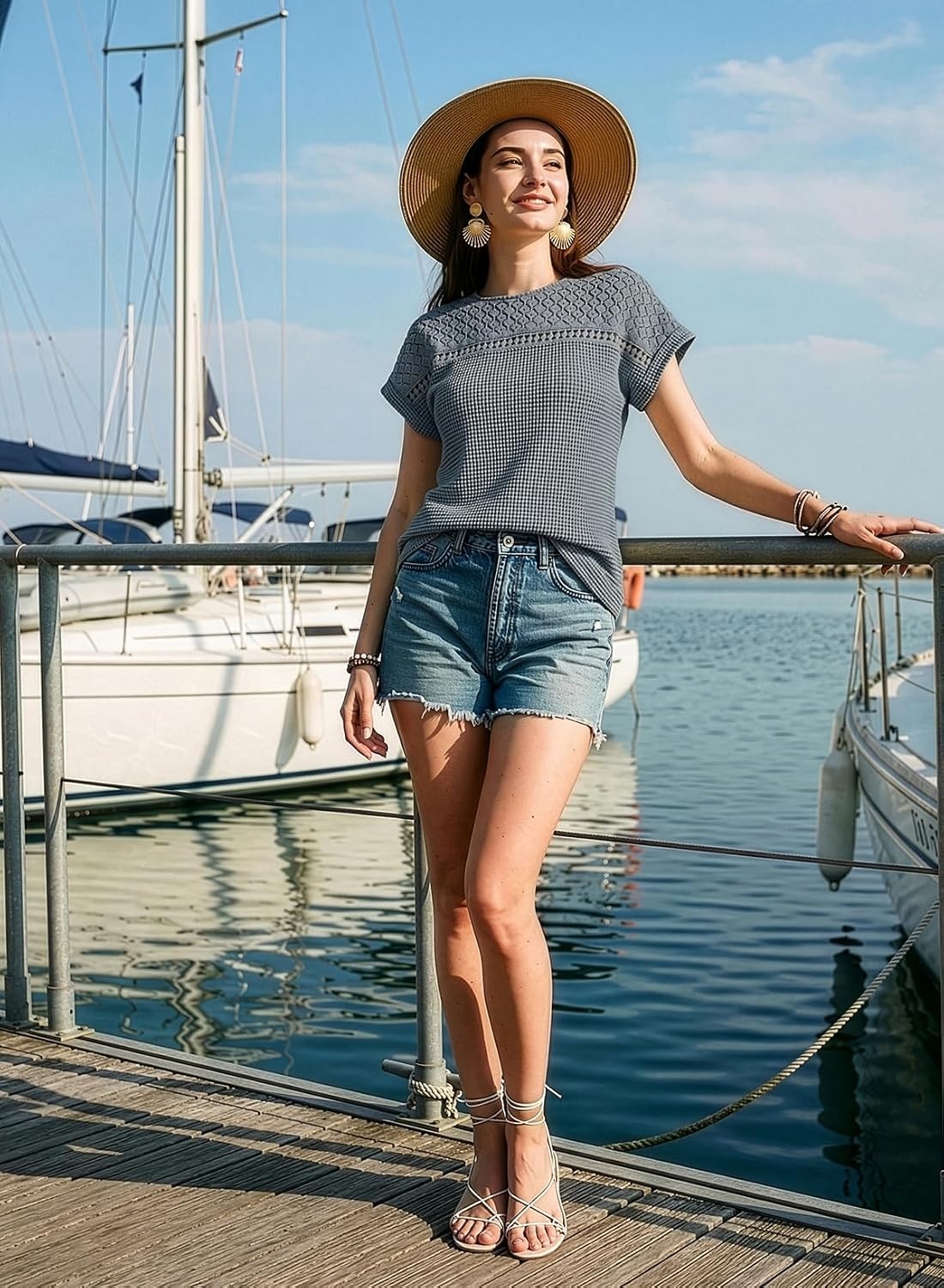 image:imageDokotoo Womens Tops Casual Scoop Neck Short Sleeve Waffle Knit Hollow Out Shirts Loose Tunic Tops BlousesReal Teal