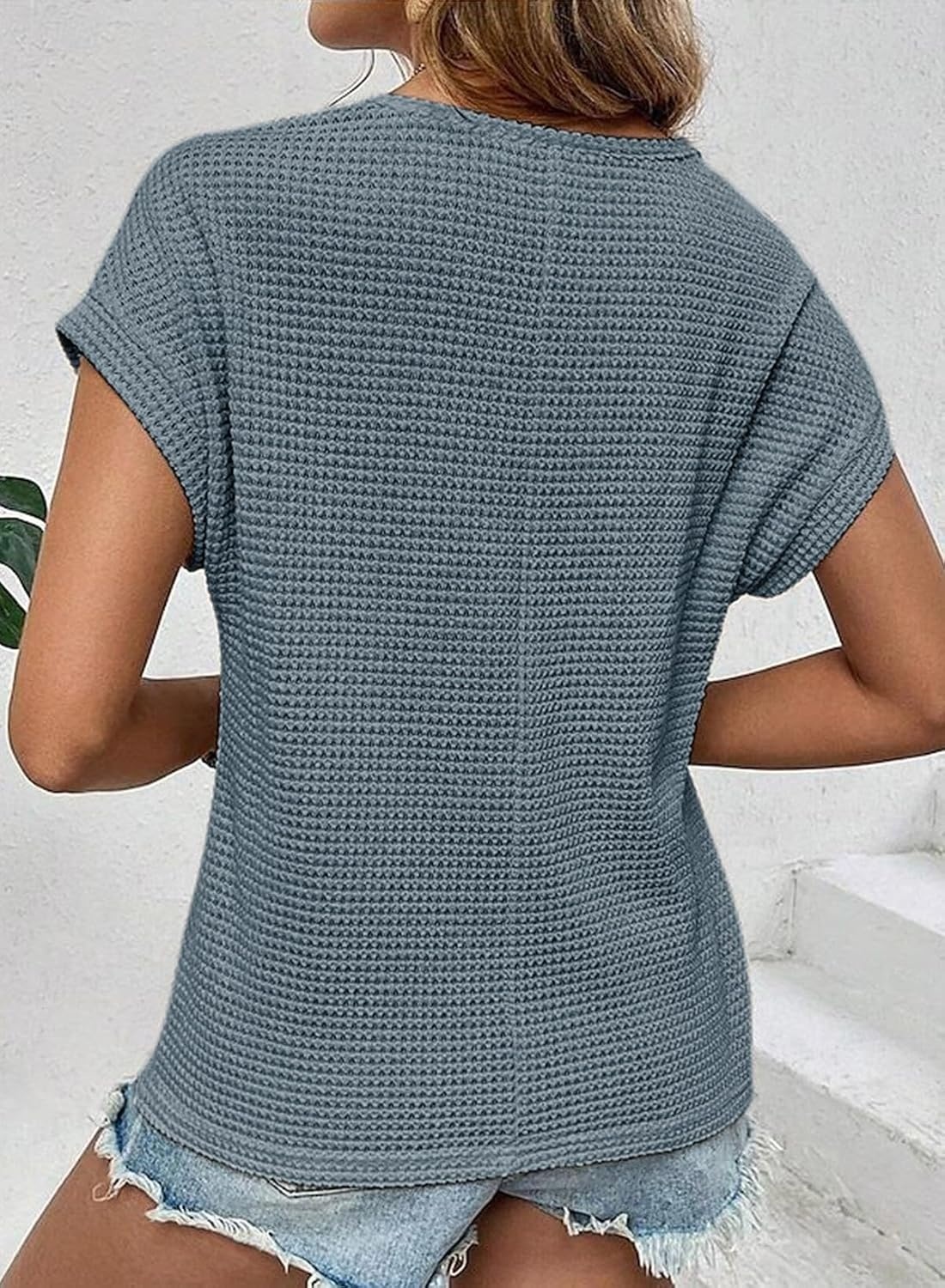 image:imageDokotoo Womens Tops Casual Scoop Neck Short Sleeve Waffle Knit Hollow Out Shirts Loose Tunic Tops BlousesReal Teal