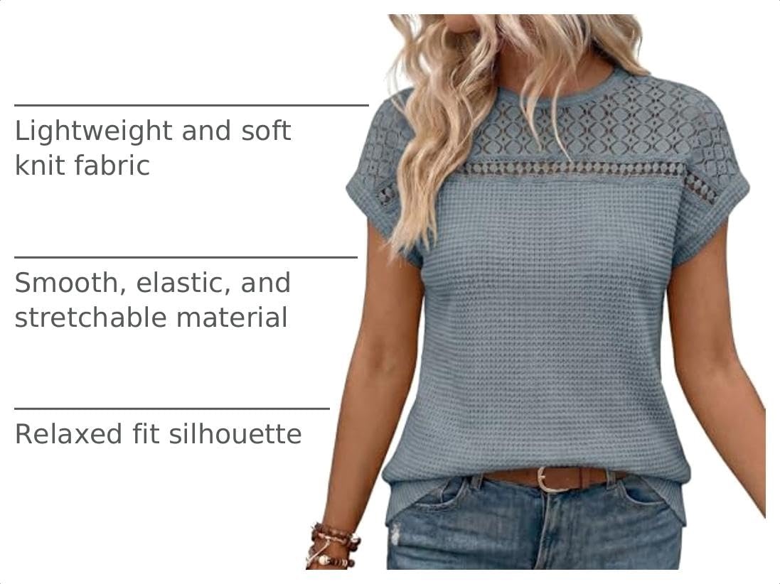 image:imageDokotoo Womens Tops Casual Scoop Neck Short Sleeve Waffle Knit Hollow Out Shirts Loose Tunic Tops BlousesReal Teal