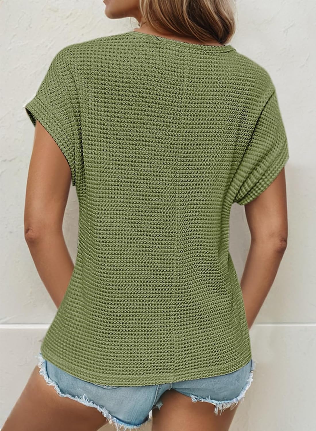 image:imageDokotoo Womens Tops Casual Scoop Neck Short Sleeve Waffle Knit Hollow Out Shirts Loose Tunic Tops BlousesSpinach Green