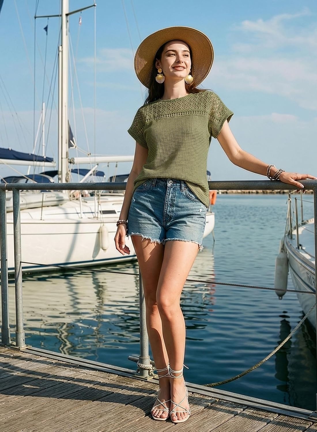 image:imageDokotoo Womens Tops Casual Scoop Neck Short Sleeve Waffle Knit Hollow Out Shirts Loose Tunic Tops BlousesSpinach Green