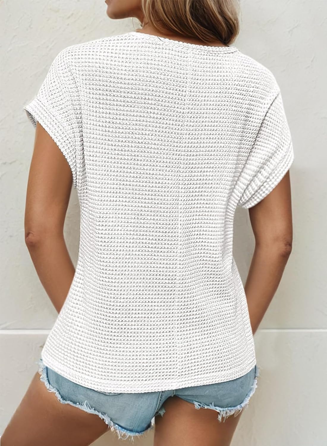 image:imageDokotoo Womens Tops Casual Scoop Neck Short Sleeve Waffle Knit Hollow Out Shirts Loose Tunic Tops BlousesWhite