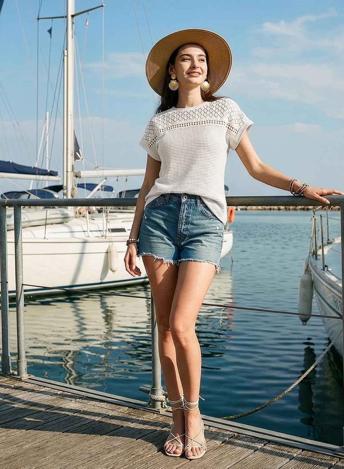 image:imageDokotoo Womens Tops Casual Scoop Neck Short Sleeve Waffle Knit Hollow Out Shirts Loose Tunic Tops BlousesWhite