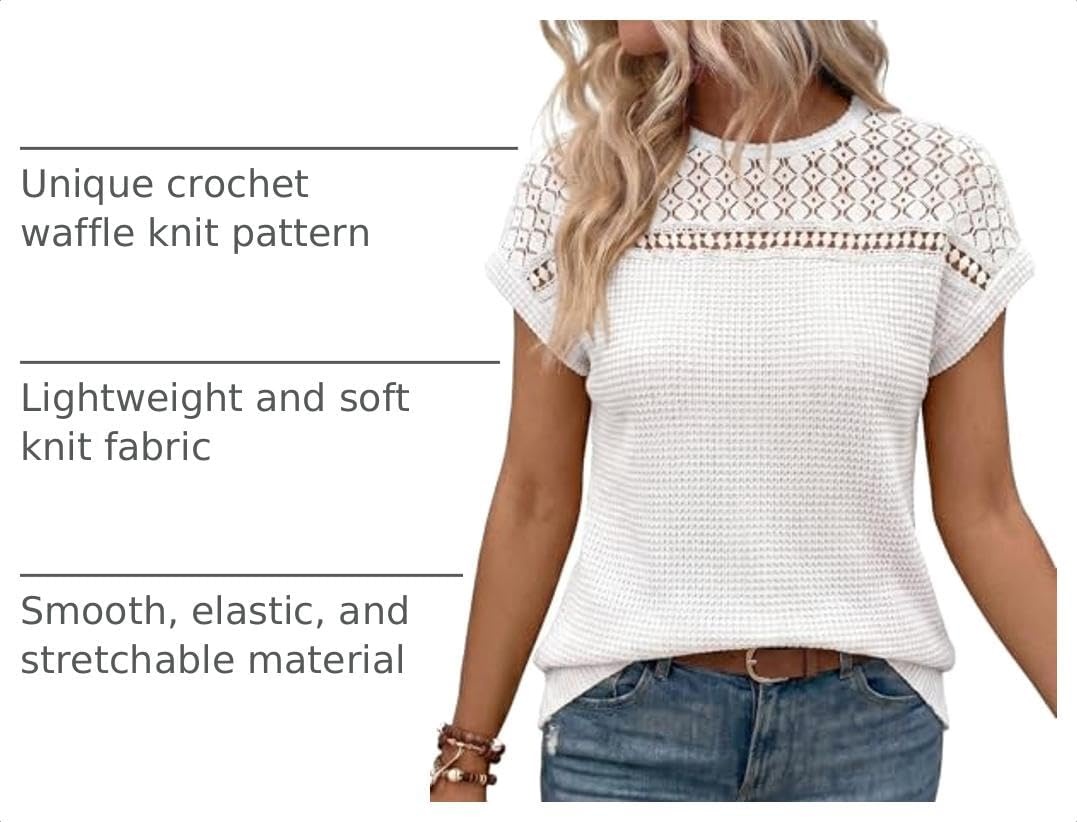 image:imageDokotoo Womens Tops Casual Scoop Neck Short Sleeve Waffle Knit Hollow Out Shirts Loose Tunic Tops BlousesWhite