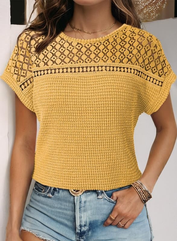 image:imageDokotoo Womens Tops Casual Scoop Neck Short Sleeve Waffle Knit Hollow Out Shirts Loose Tunic Tops BlousesYellow