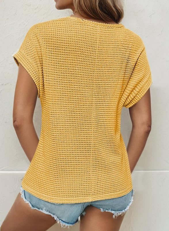 image:imageDokotoo Womens Tops Casual Scoop Neck Short Sleeve Waffle Knit Hollow Out Shirts Loose Tunic Tops BlousesYellow