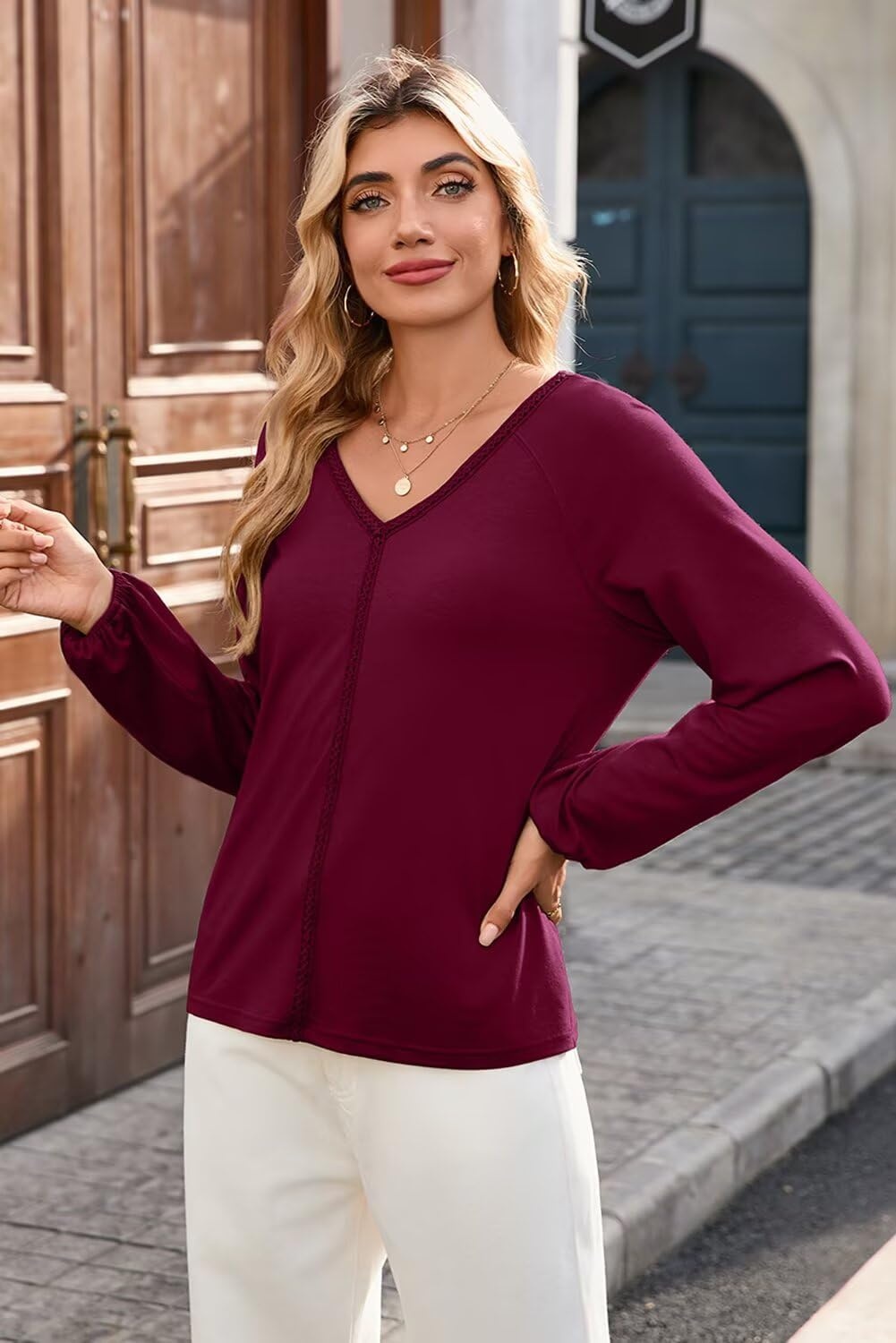 image:imageDokotoo Womens Tops Fashion V Neck Long Sleeve Tops for Women Fall Outfits for Women 2025 Casual Loose BlousesRed