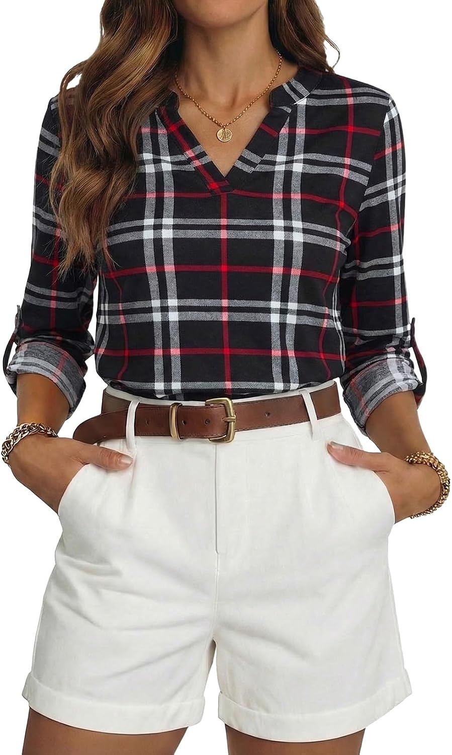 image:imageDokotoo Womens Tops Plaid Cotton Cuffed 34 Sleeve Shirts BlousesBlack
