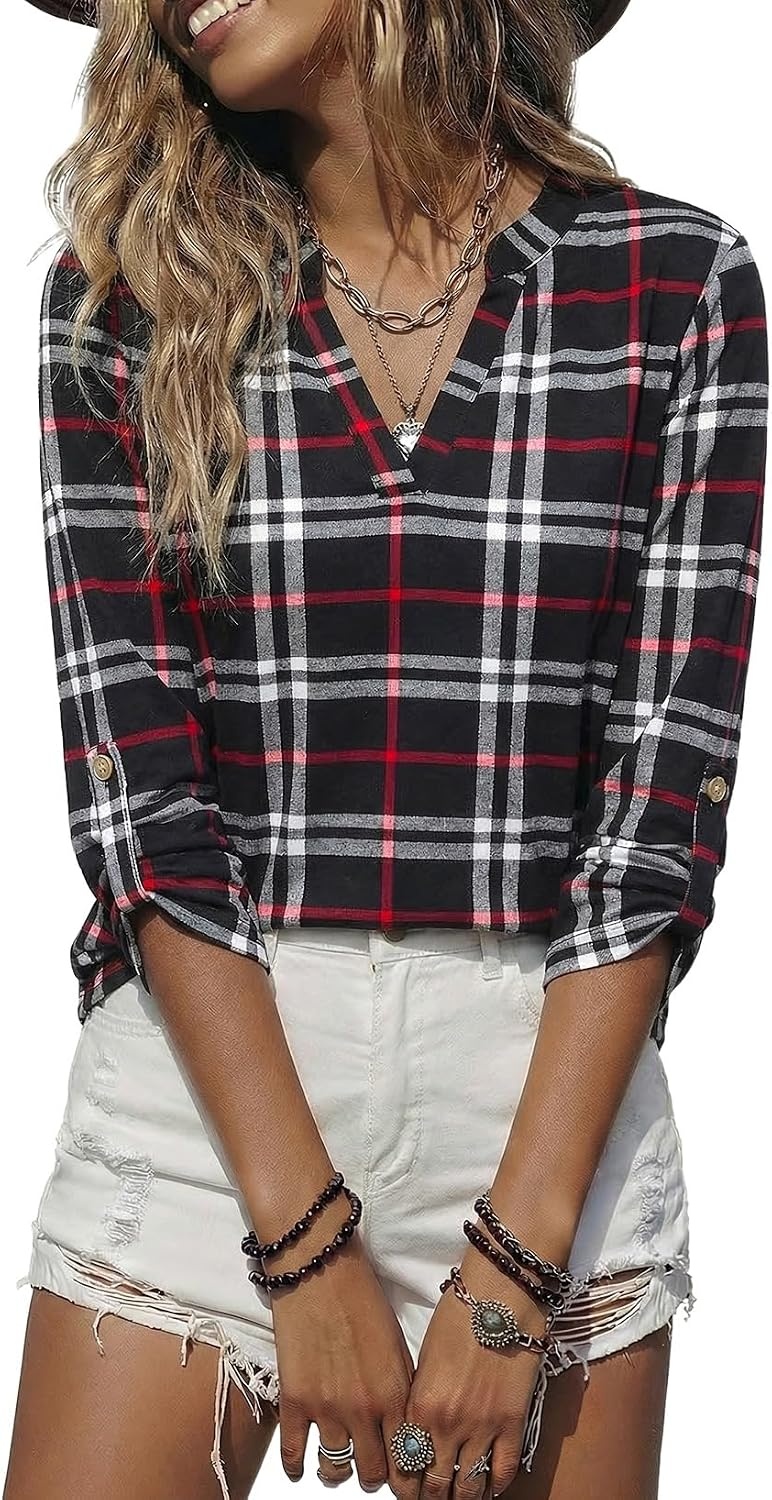 image:imageDokotoo Womens Tops Plaid Cotton Cuffed 34 Sleeve Shirts BlousesBlack