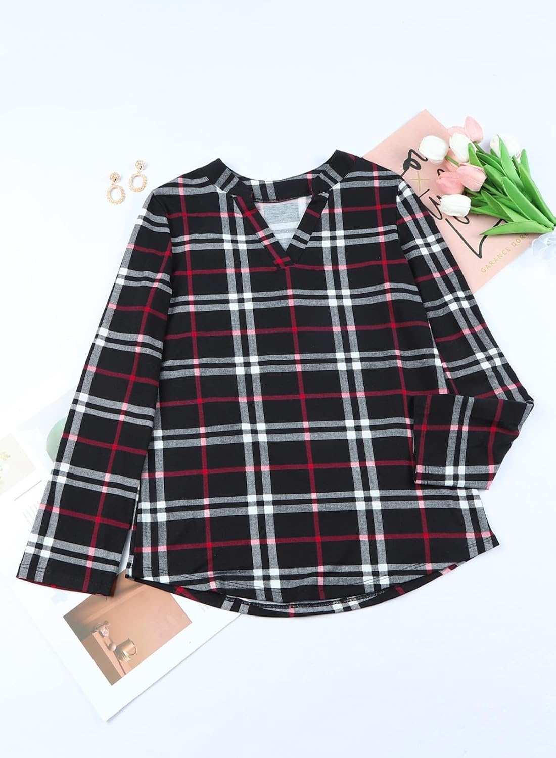image:imageDokotoo Womens Tops Plaid Cotton Cuffed 34 Sleeve Shirts BlousesBlack