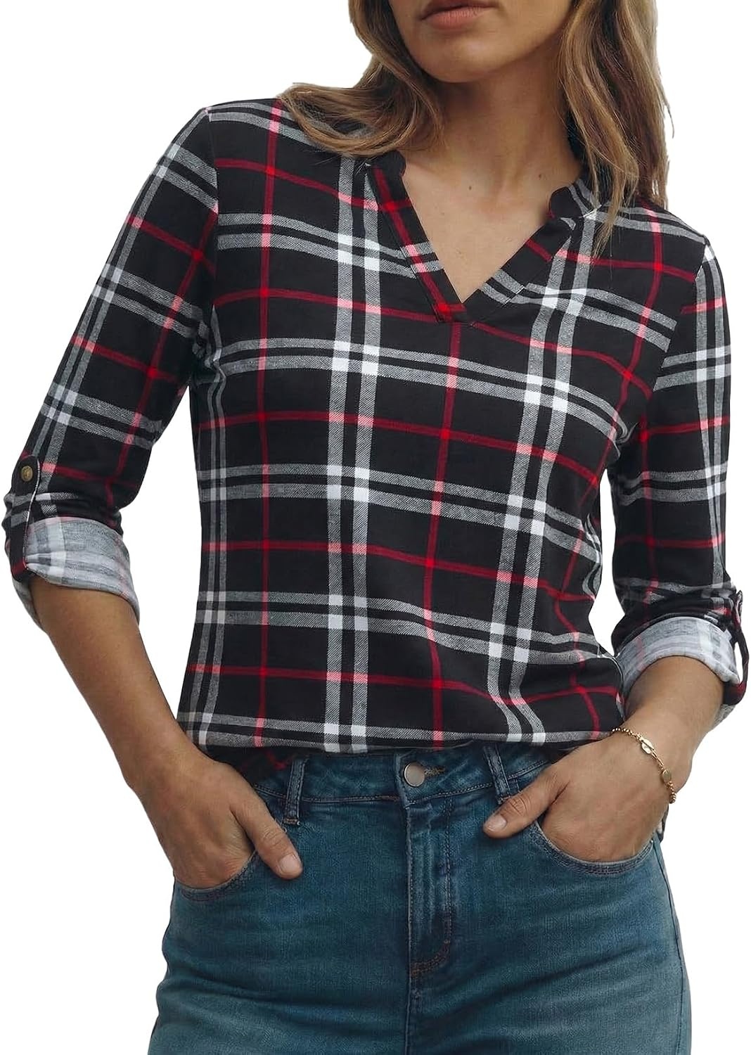 image:imageDokotoo Womens Tops Plaid Cotton Cuffed 34 Sleeve Shirts BlousesBlack