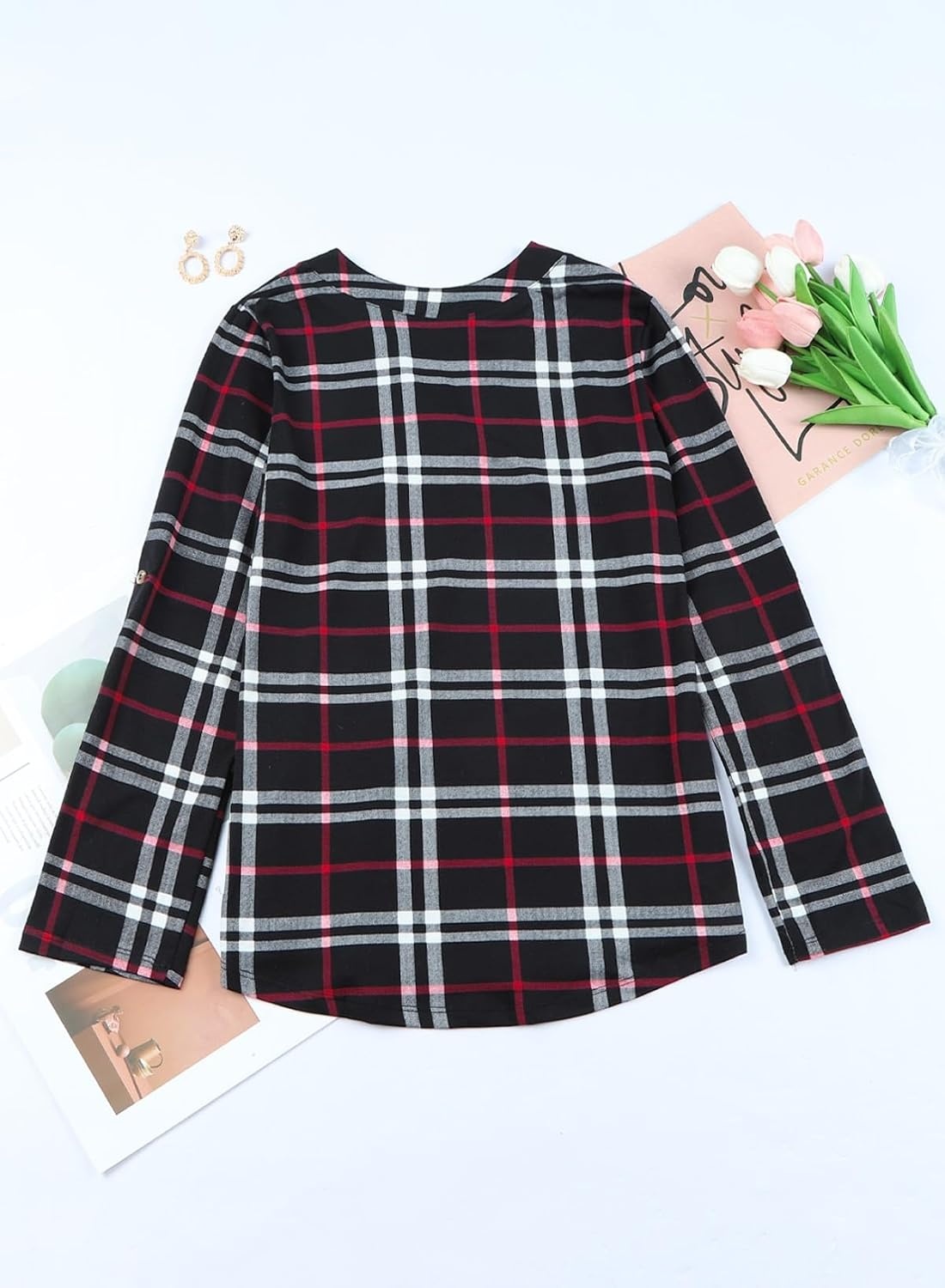 image:imageDokotoo Womens Tops Plaid Cotton Cuffed 34 Sleeve Shirts BlousesBlack