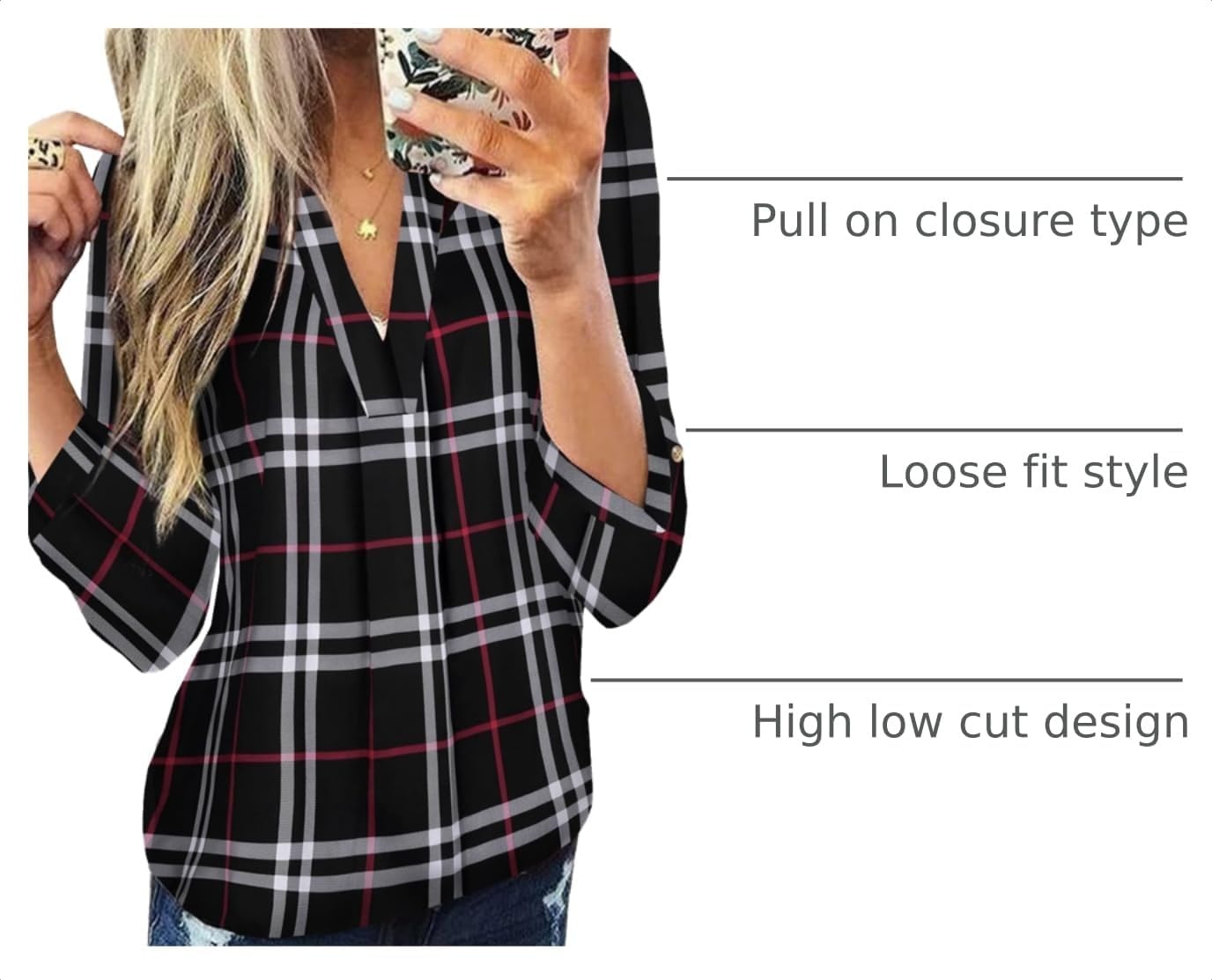 image:imageDokotoo Womens Tops Plaid Cotton Cuffed 34 Sleeve Shirts BlousesBlack