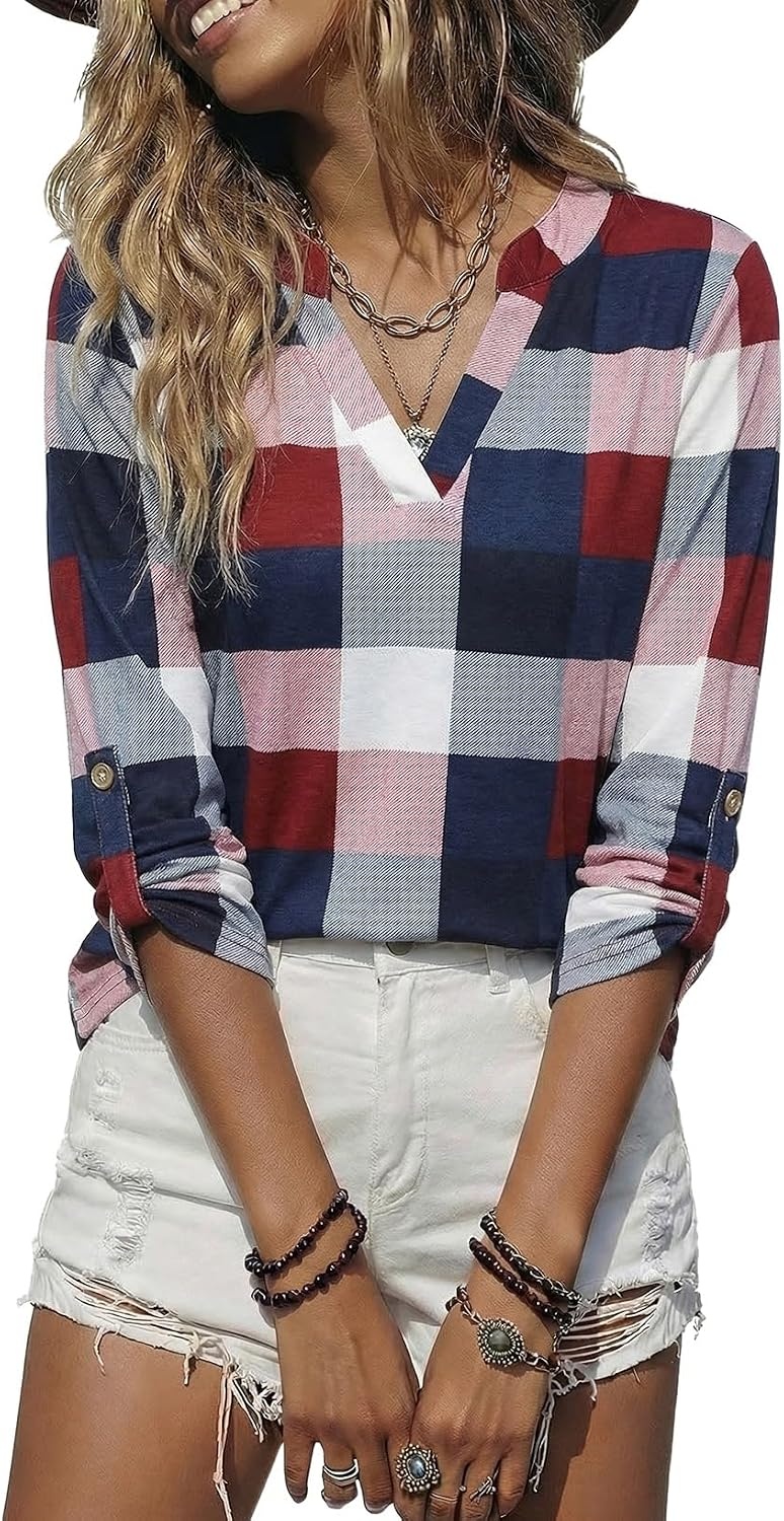 image:imageDokotoo Womens Tops Plaid Cotton Cuffed 34 Sleeve Shirts BlousesBrown 2