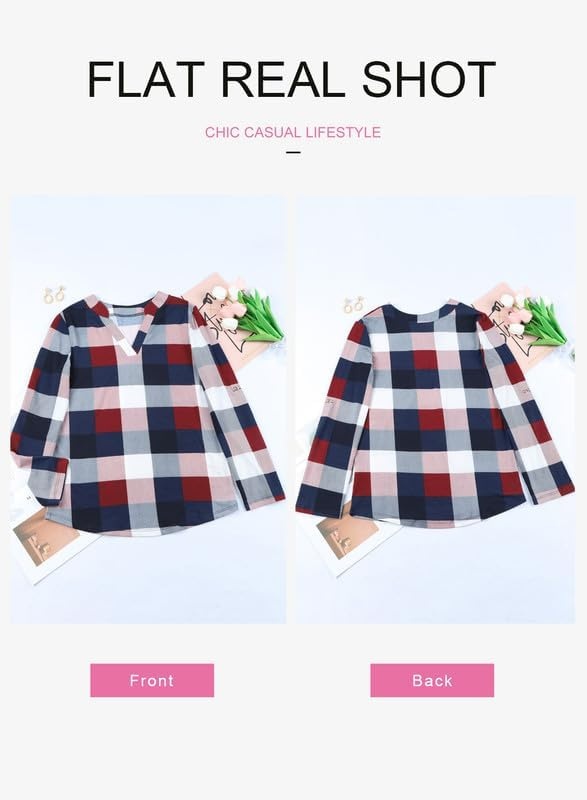 image:imageDokotoo Womens Tops Plaid Cotton Cuffed 34 Sleeve Shirts BlousesBrown 2
